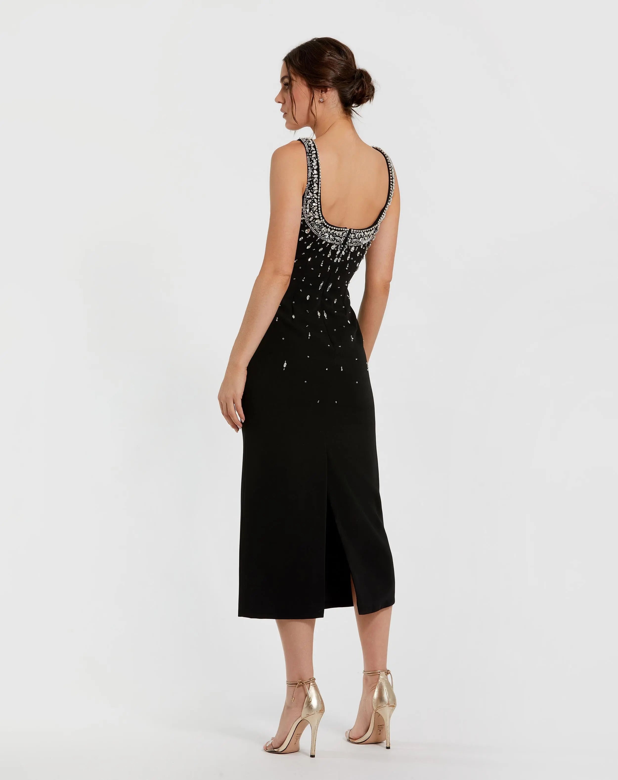 Black Beaded Crepe Scoop Neck Sleeveless Midi Dress-Myartka