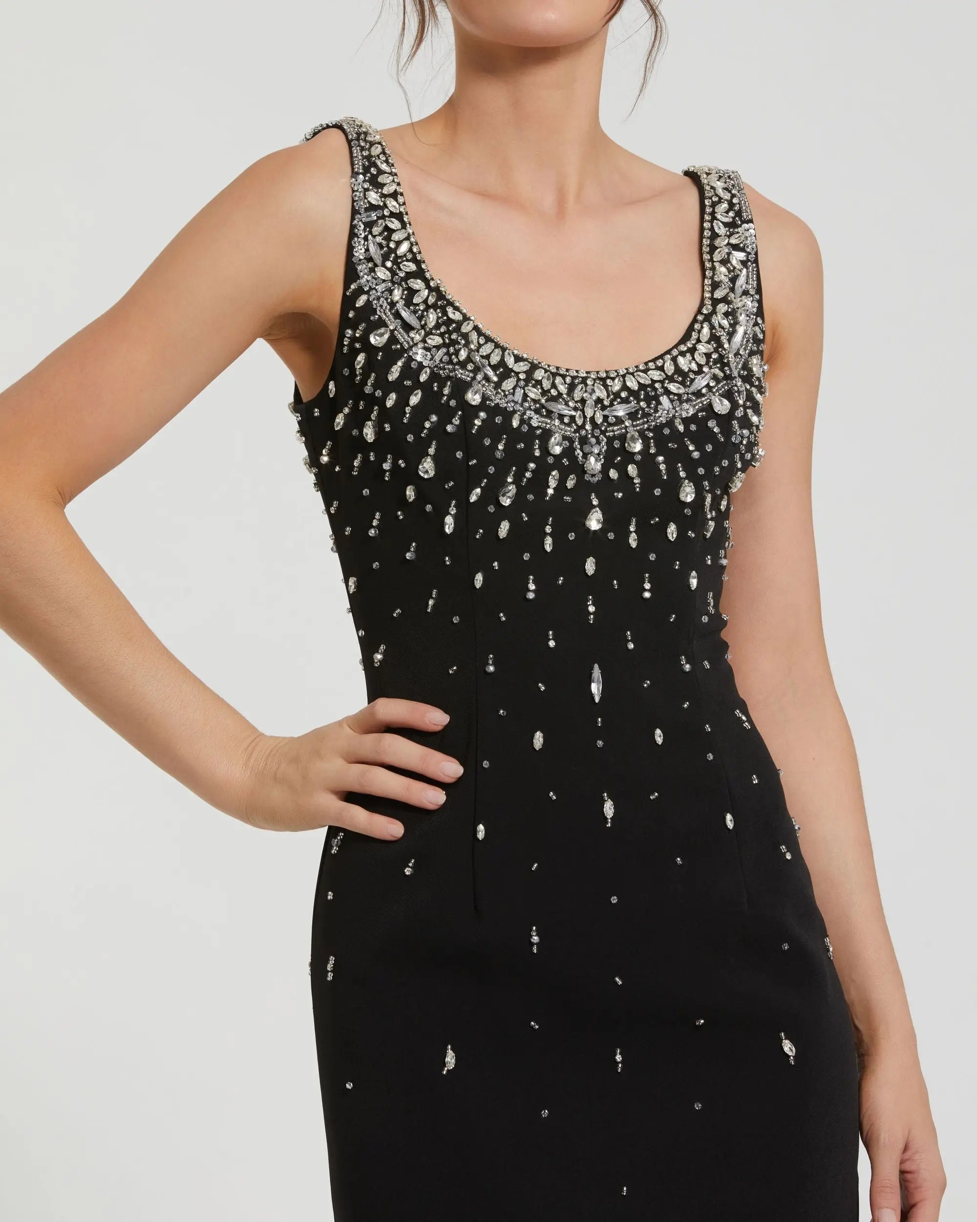 Black Beaded Crepe Scoop Neck Sleeveless Midi Dress-Myartka