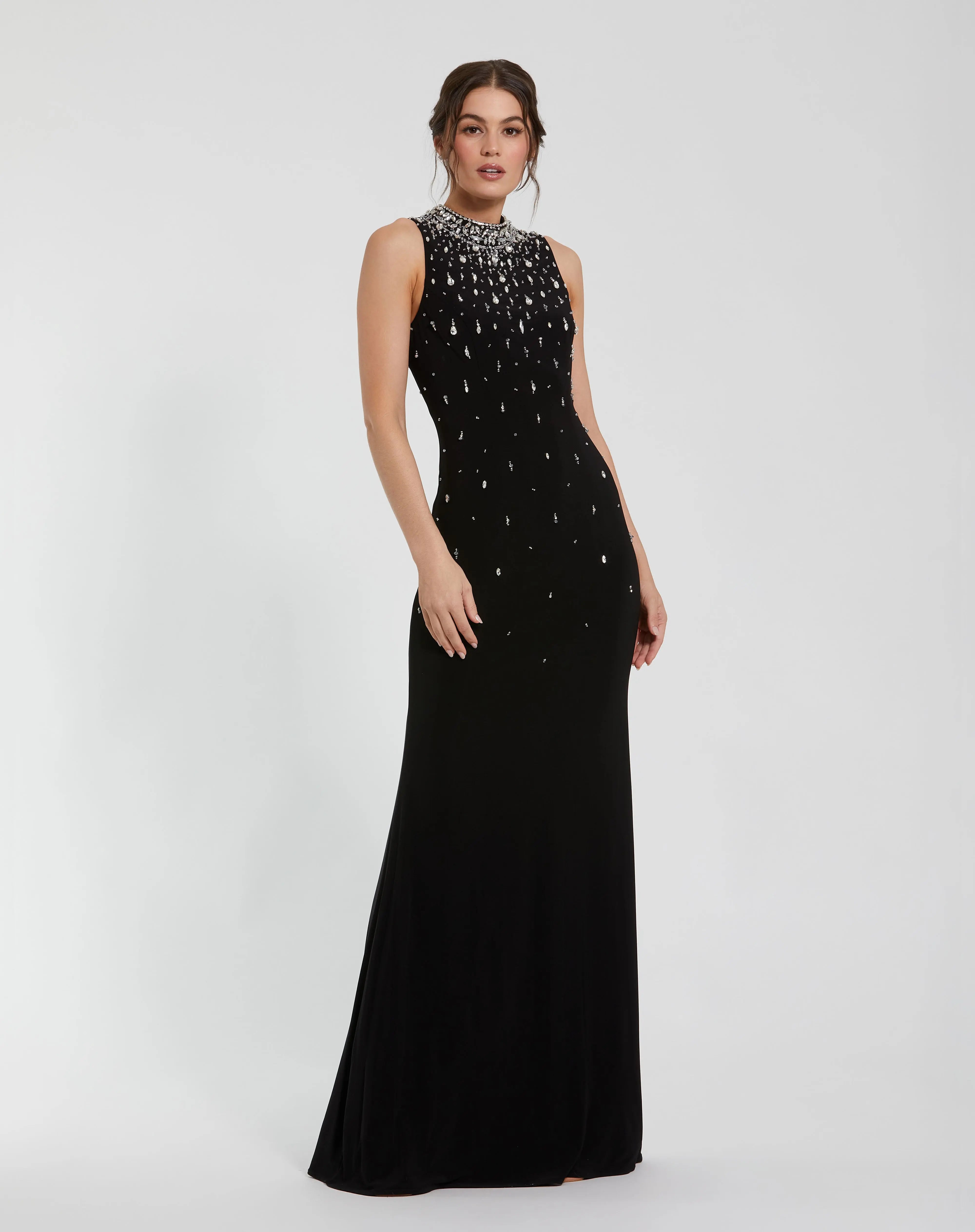 Black High Neck Sleeveless Beaded Jersey Fitted Gown-Myartka