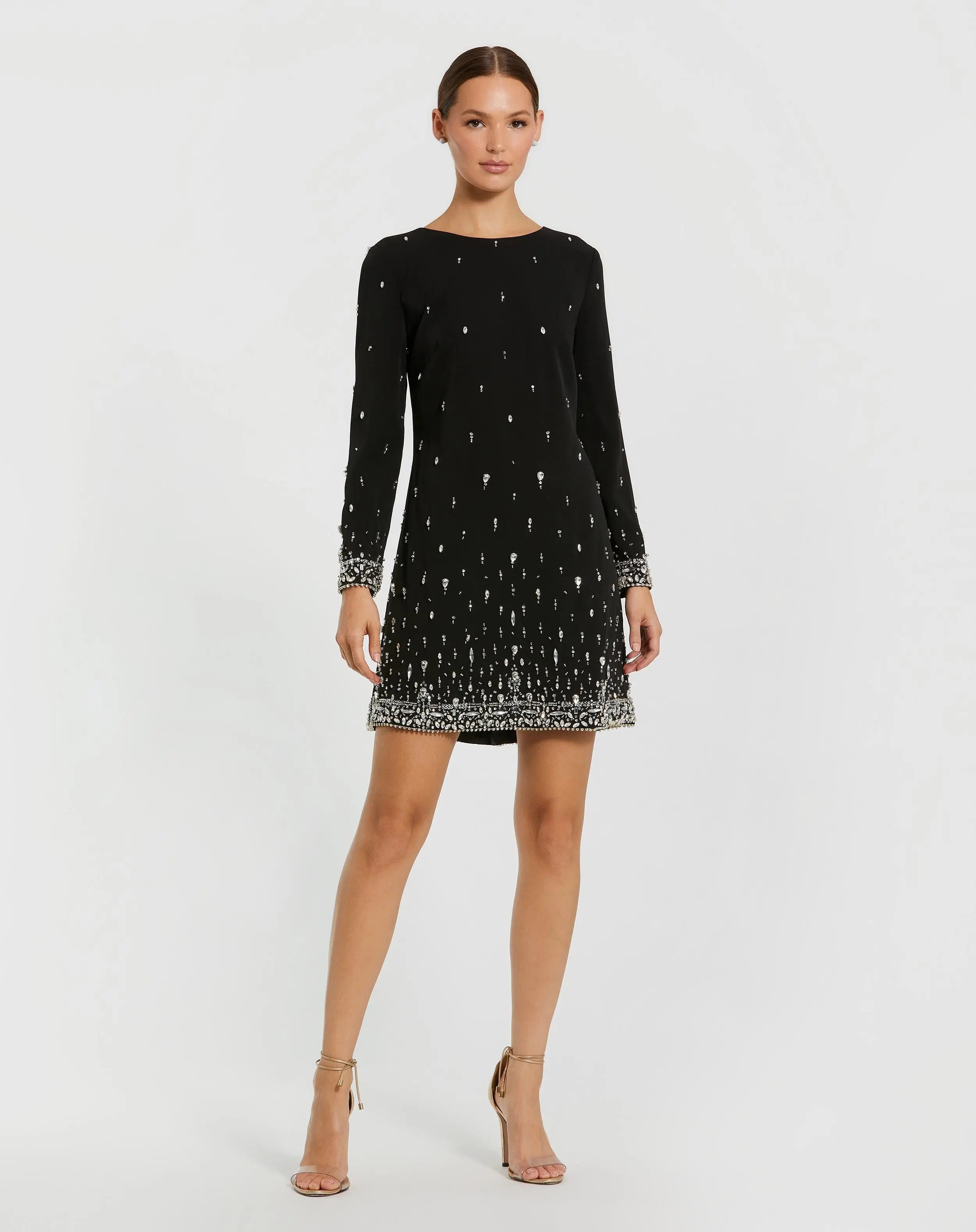 Black Embellished Crepe Long Sleeve Mini Dress-Myartka