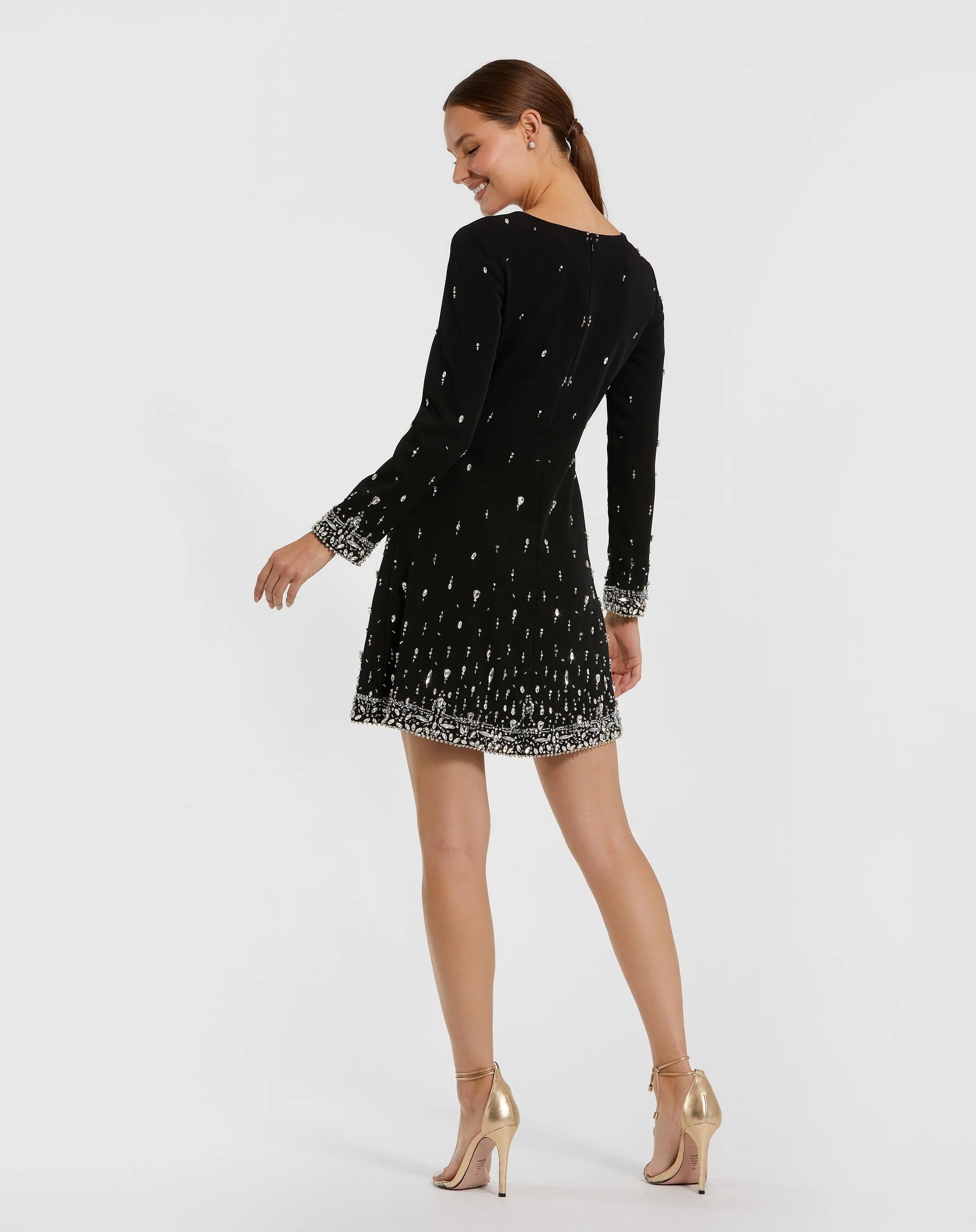 Black Embellished Crepe Long Sleeve Mini Dress-Myartka