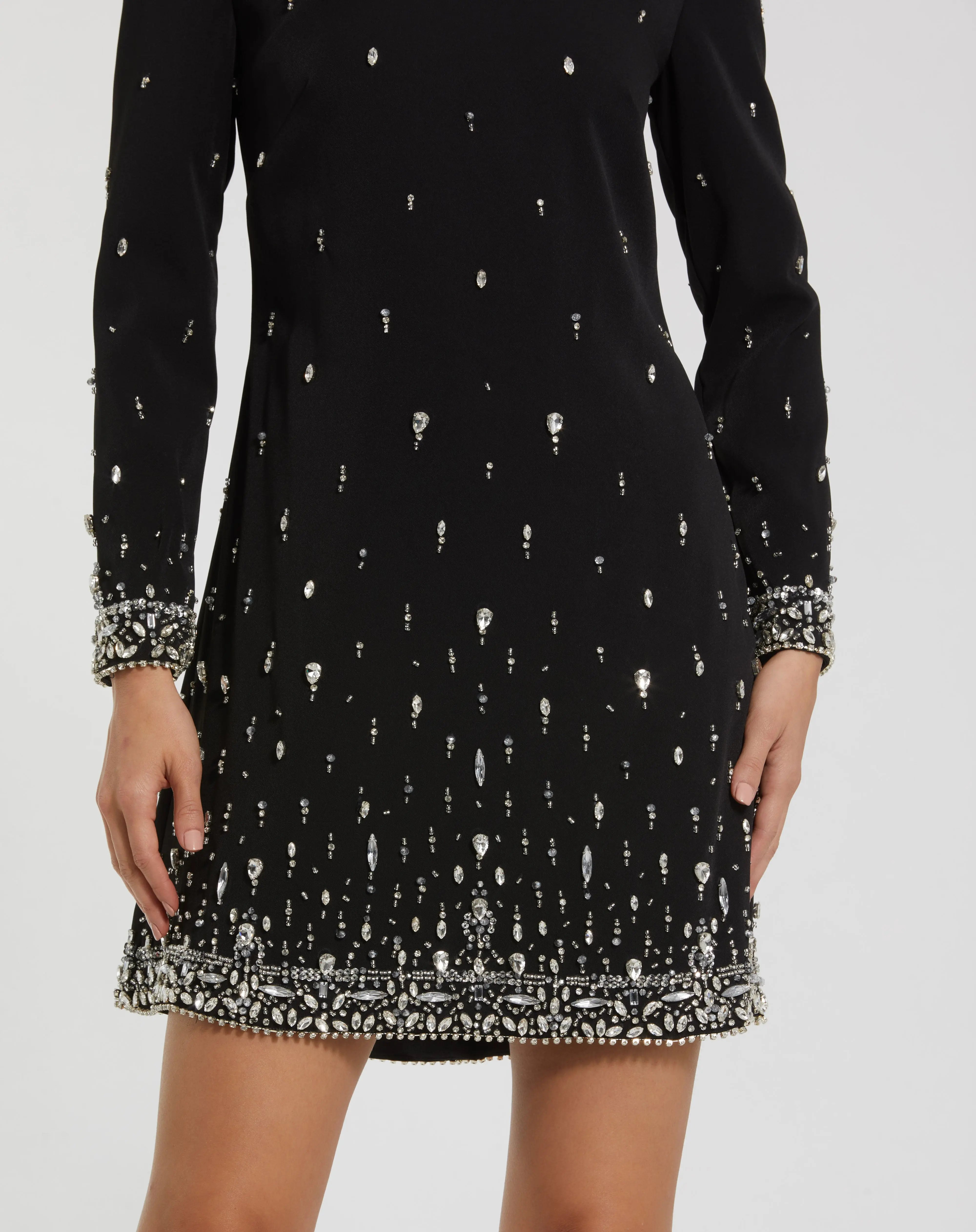 Black Embellished Crepe Long Sleeve Mini Dress-Myartka