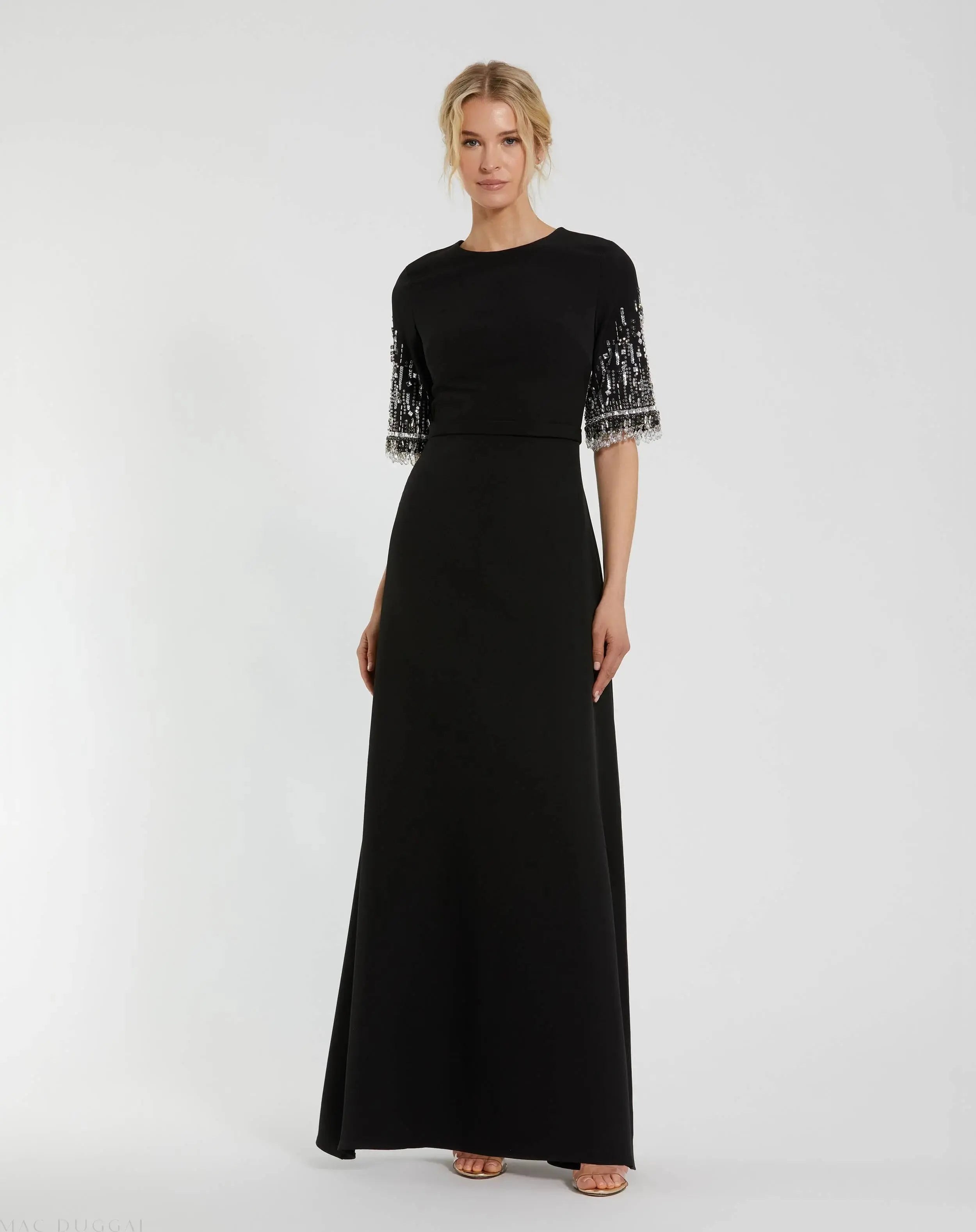 Black Crepe A Line Gown With Beaded 3/4 Sleeves-Myartka