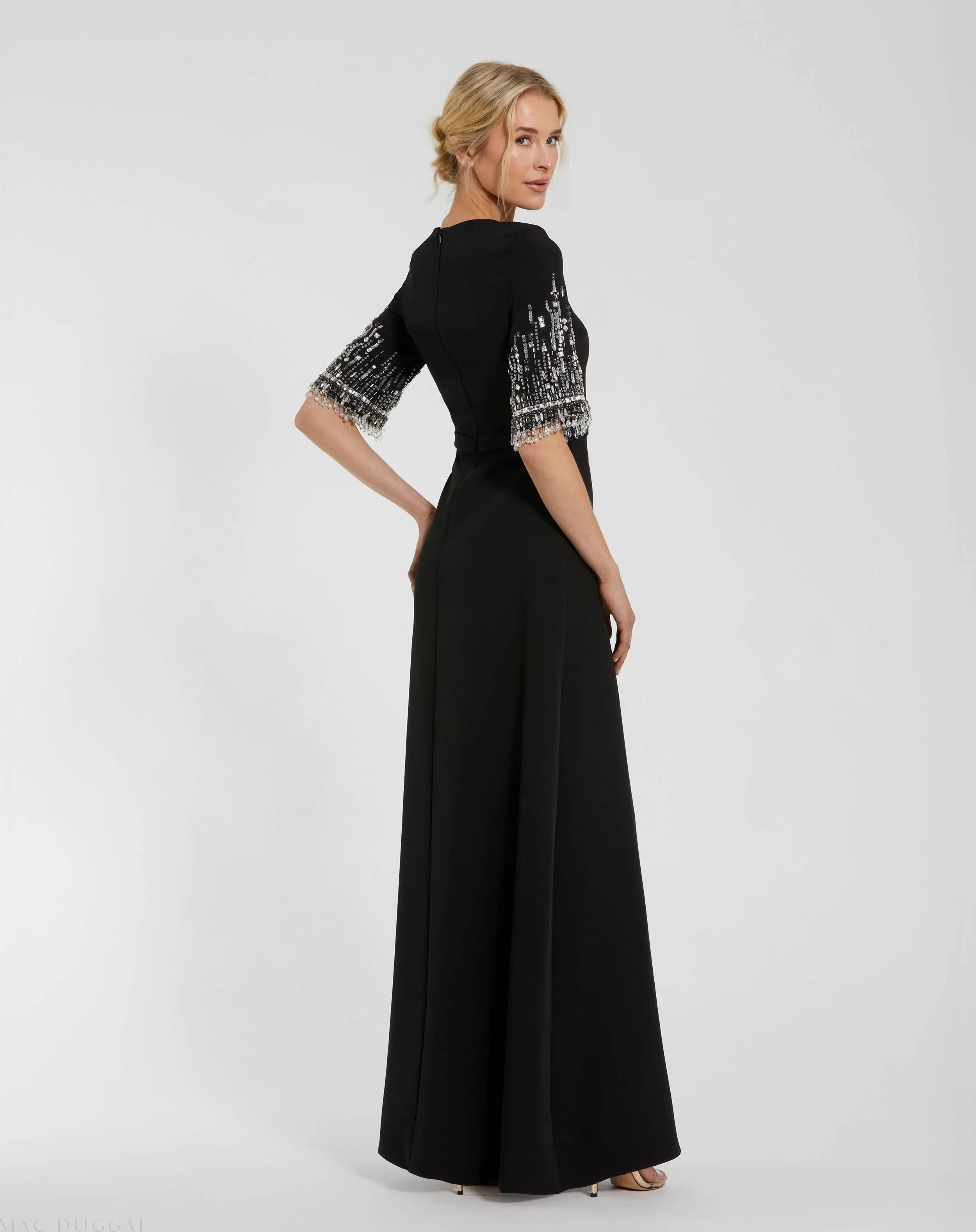 Black Crepe A Line Gown With Beaded 3/4 Sleeves-Myartka