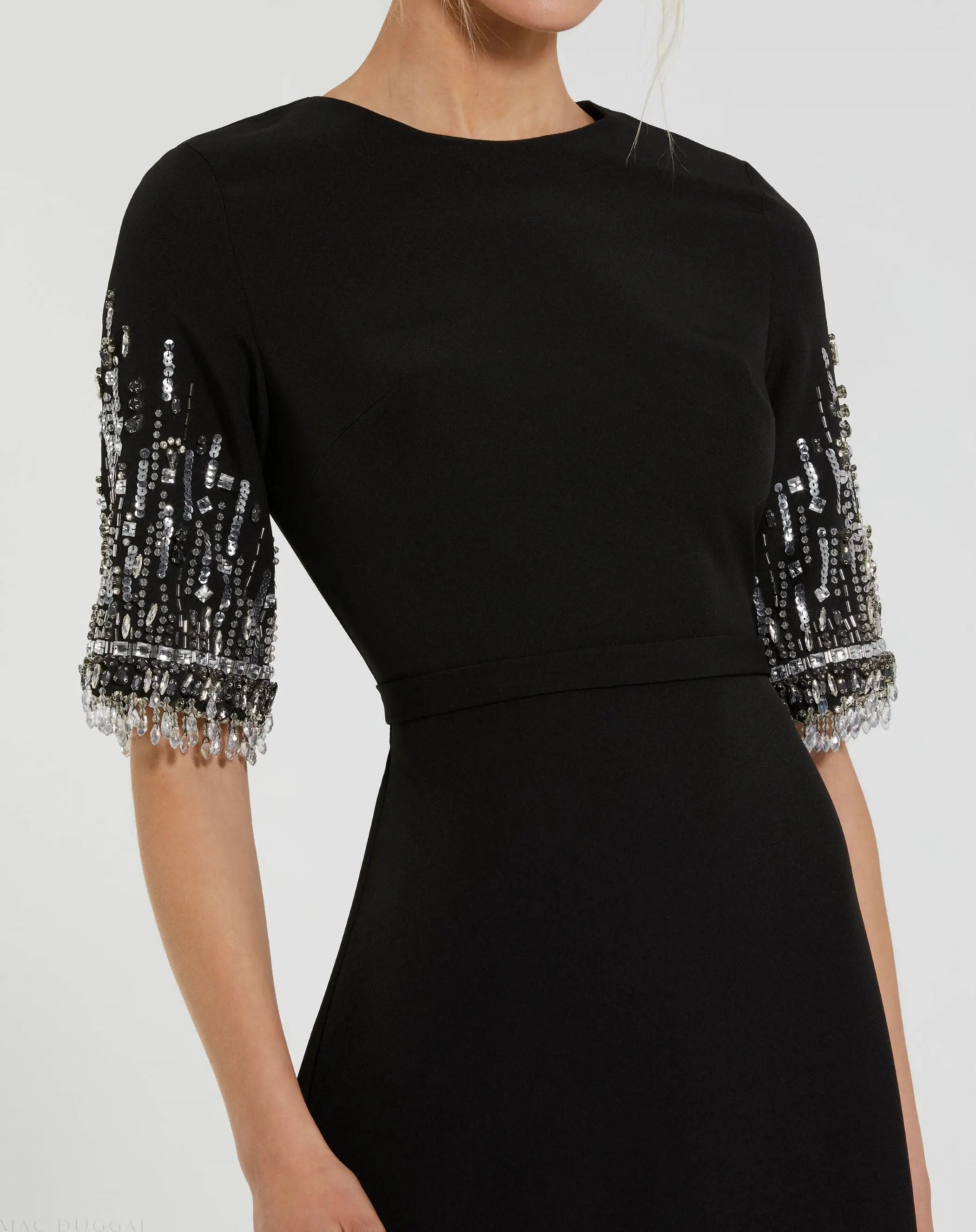 Black Crepe A Line Gown With Beaded 3/4 Sleeves-Myartka