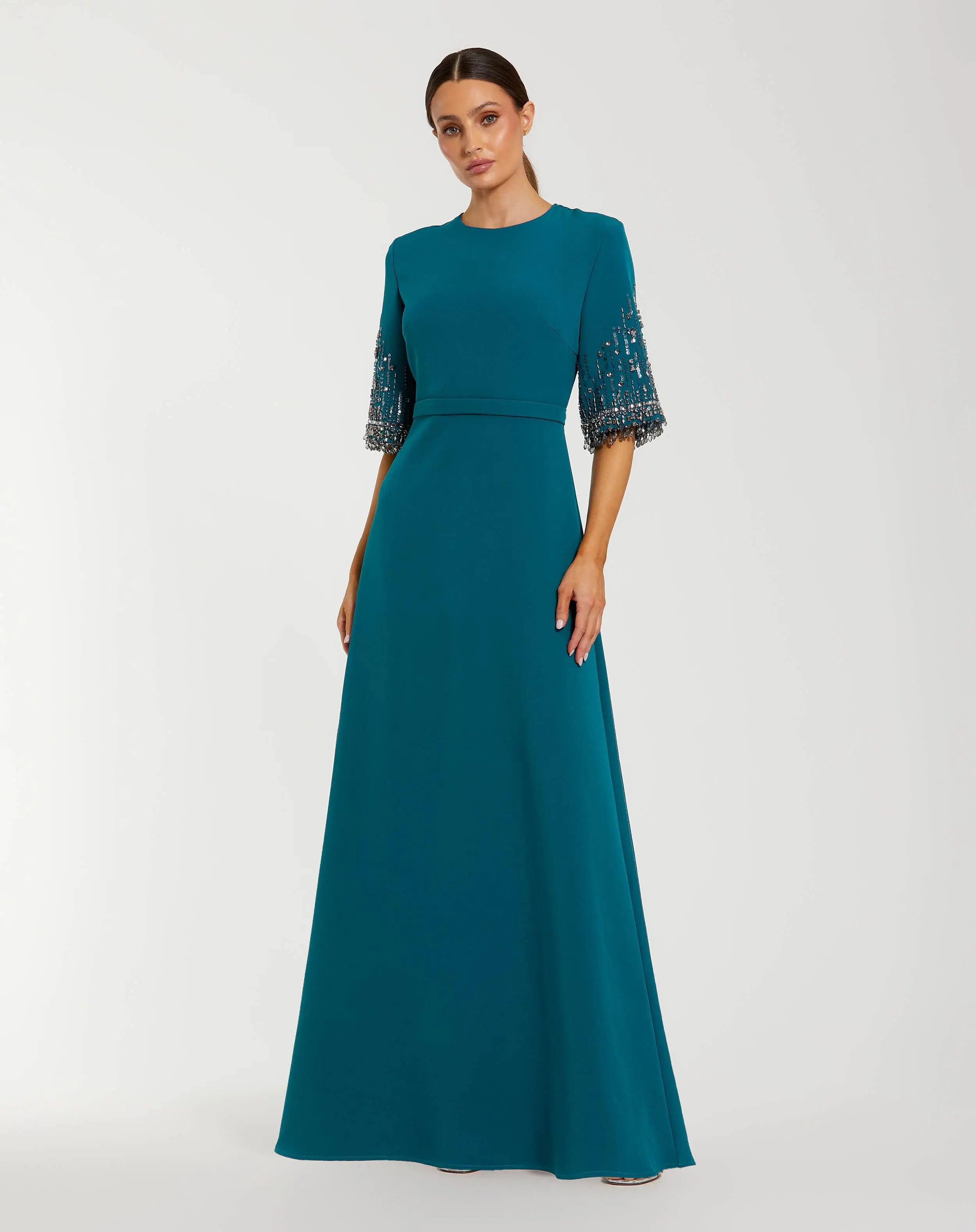 Blue Crepe A Line Gown with Beaded 3/4 Sleeves-Myartka