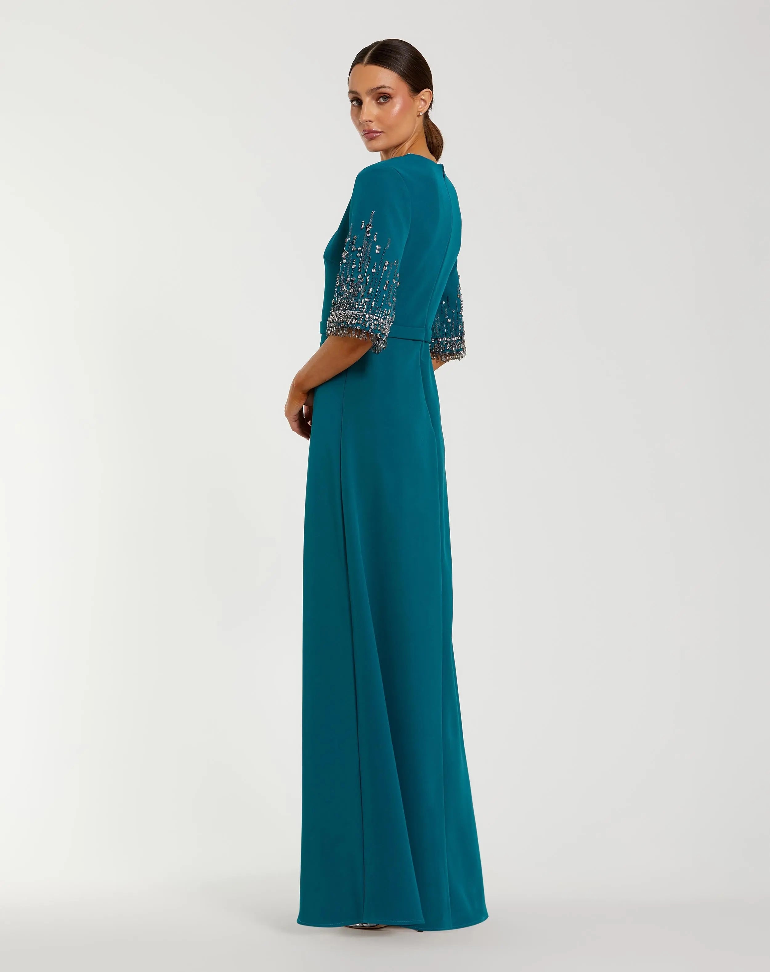 Blue Crepe A Line Gown with Beaded 3/4 Sleeves-Myartka