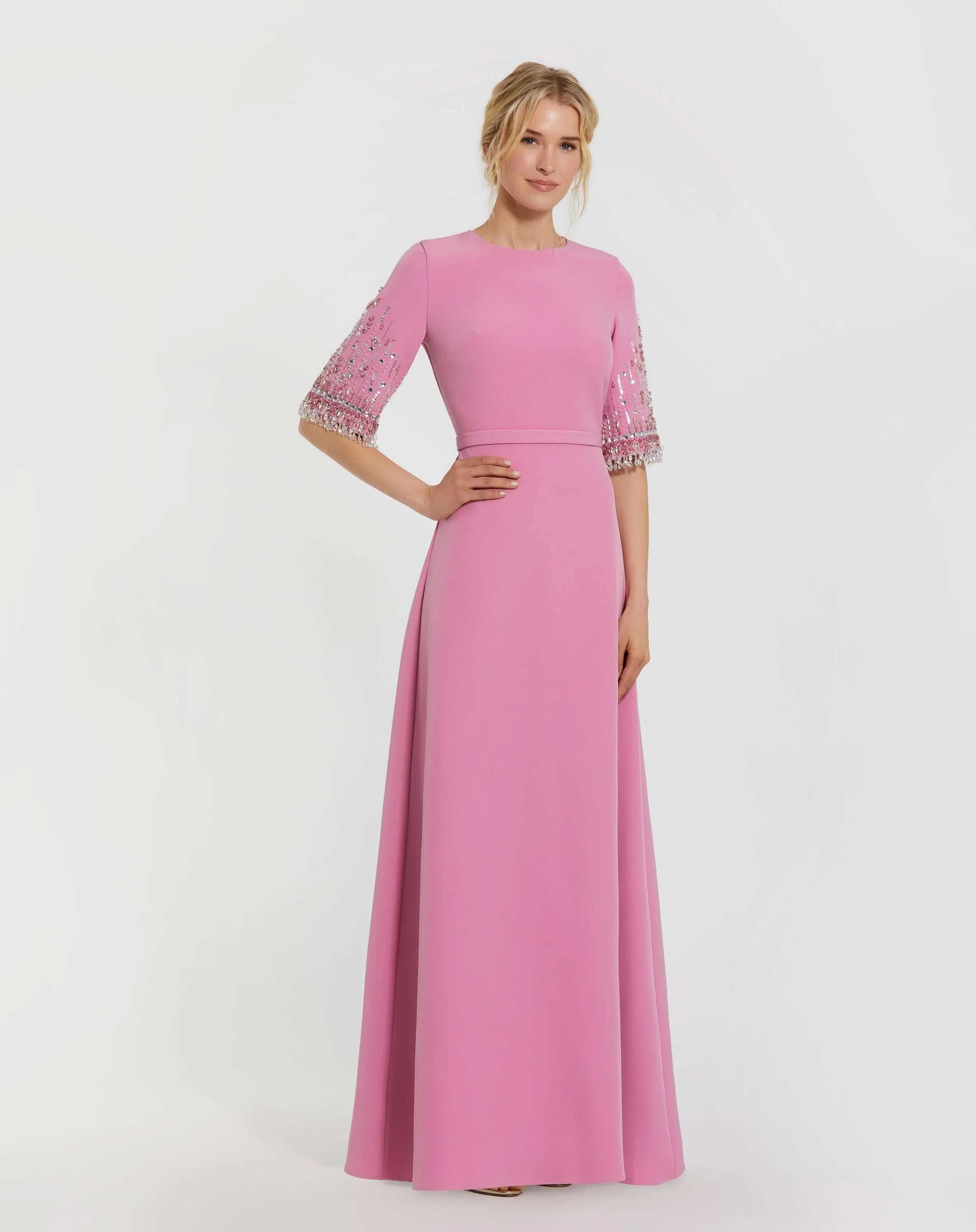 Pink Crepe A Line Gown With Beaded 3/4 Sleeves-Myartka