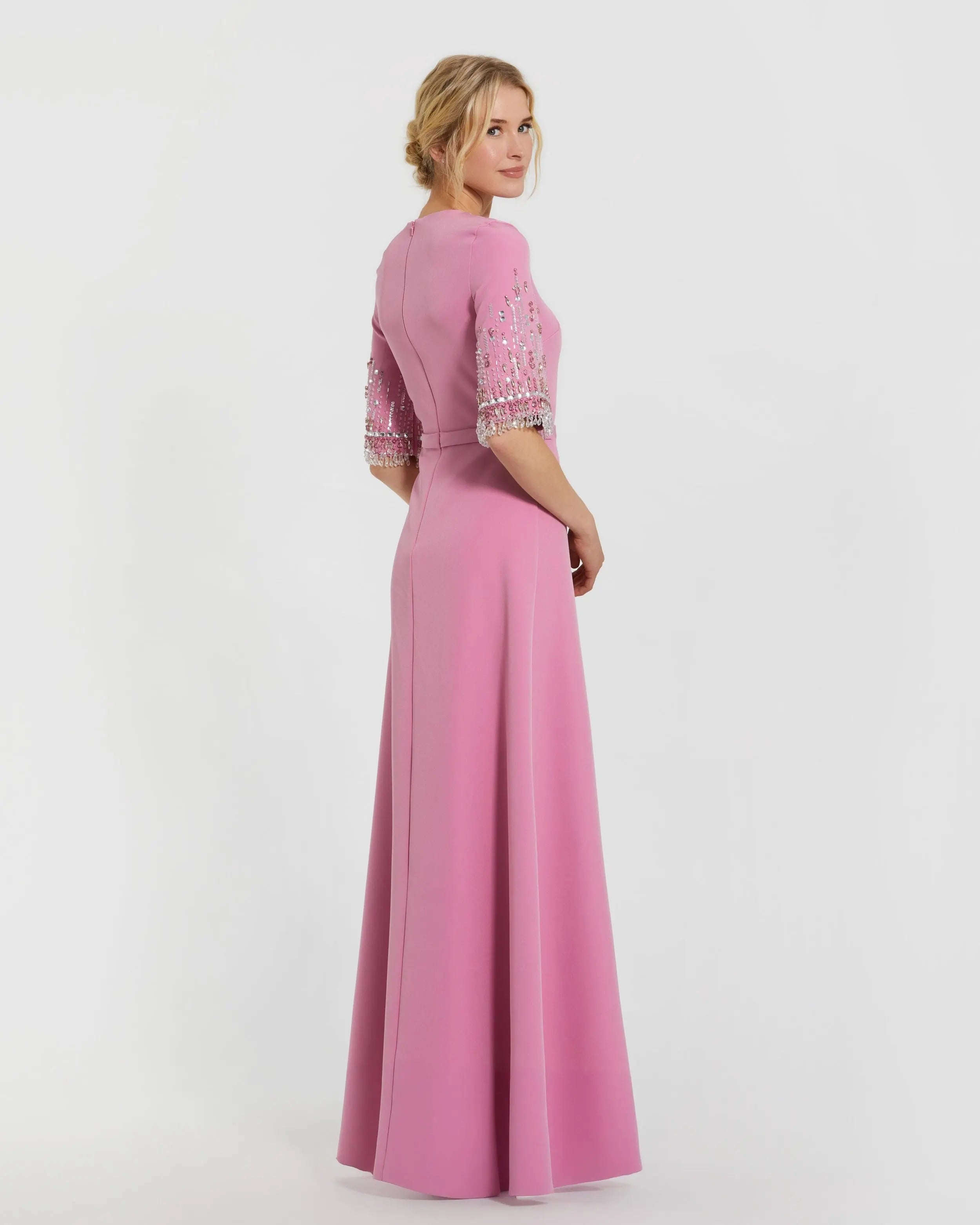Pink Crepe A Line Gown With Beaded 3/4 Sleeves-Myartka