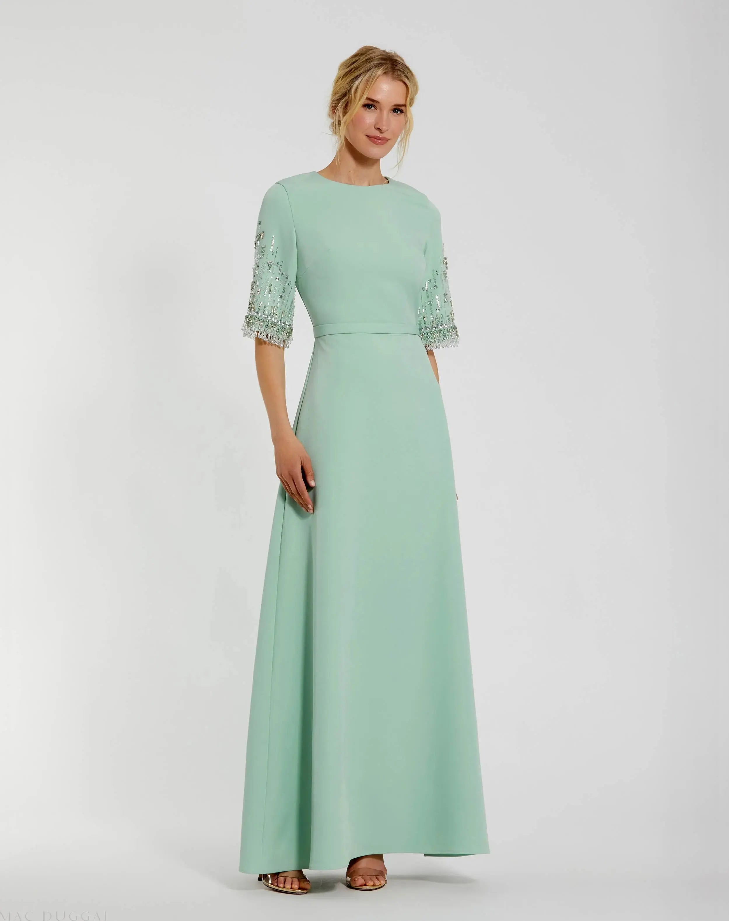 Green Crepe A Line Gown With Beaded 3/4 Sleeves-Myartka