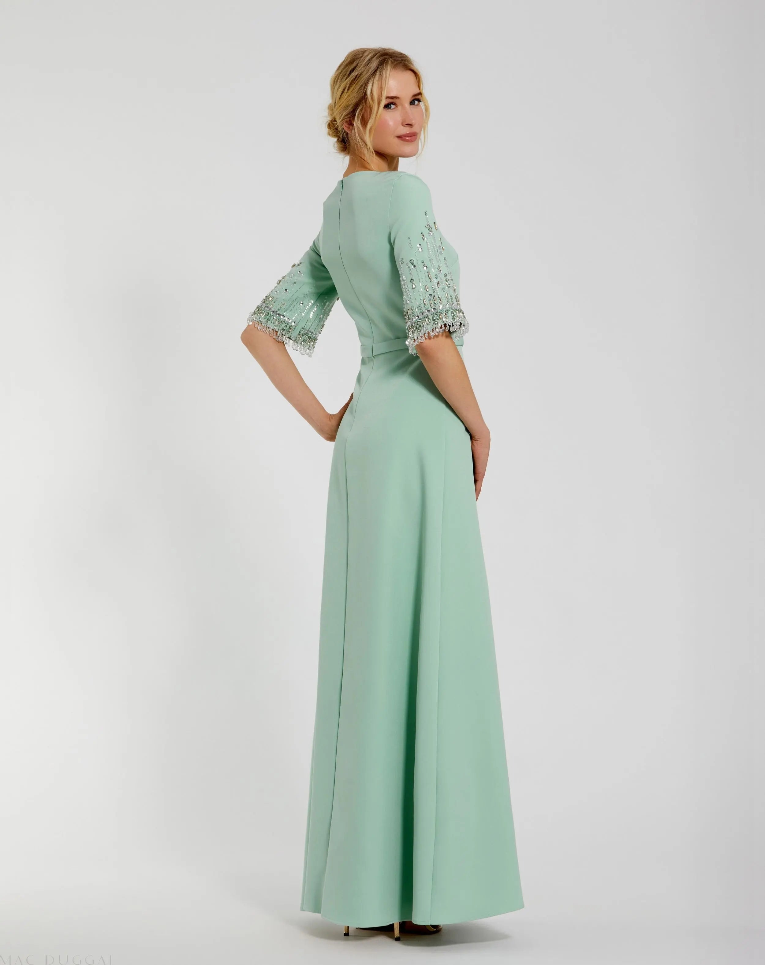Green Crepe A Line Gown With Beaded 3/4 Sleeves-Myartka