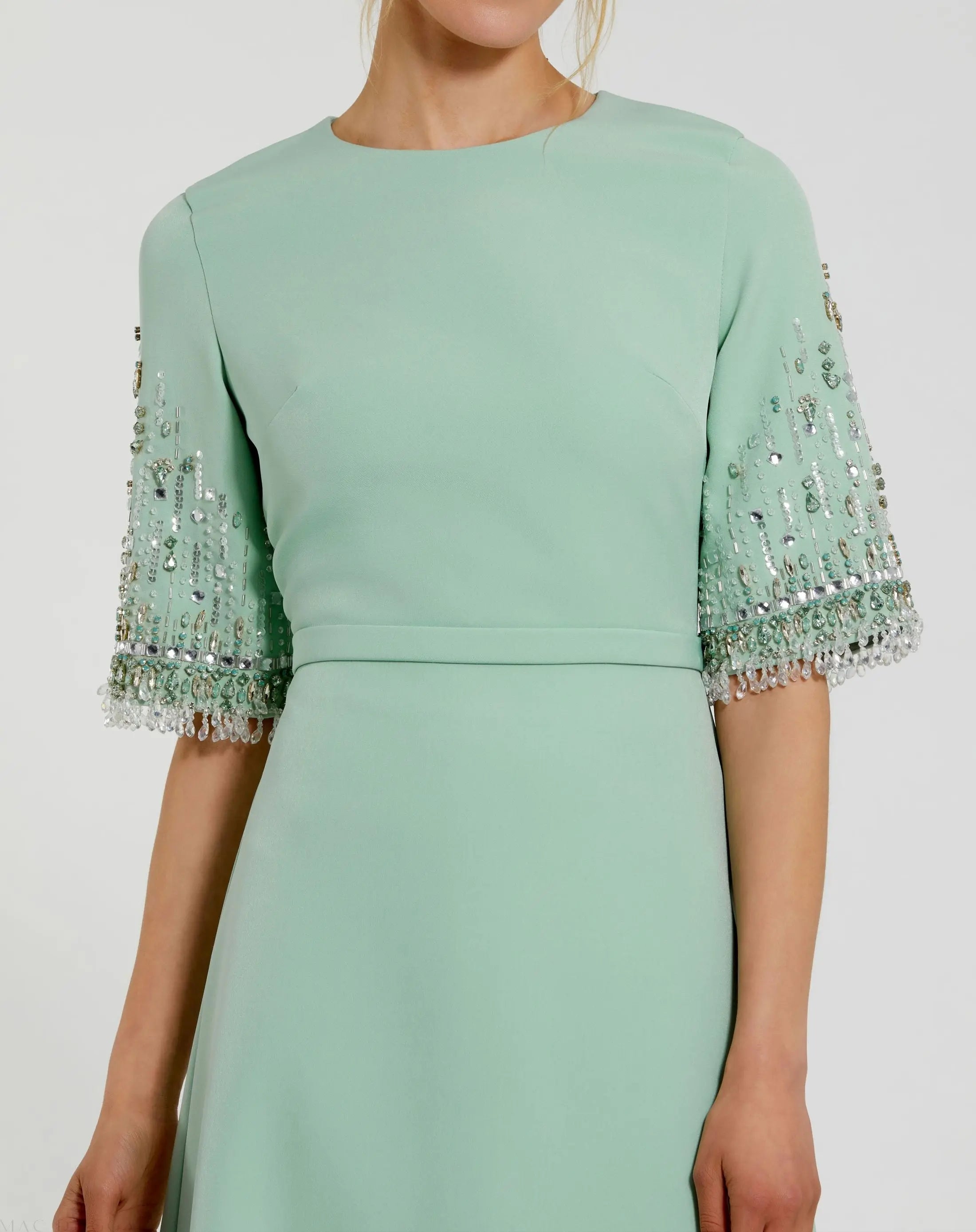 Green Crepe A Line Gown With Beaded 3/4 Sleeves-Myartka