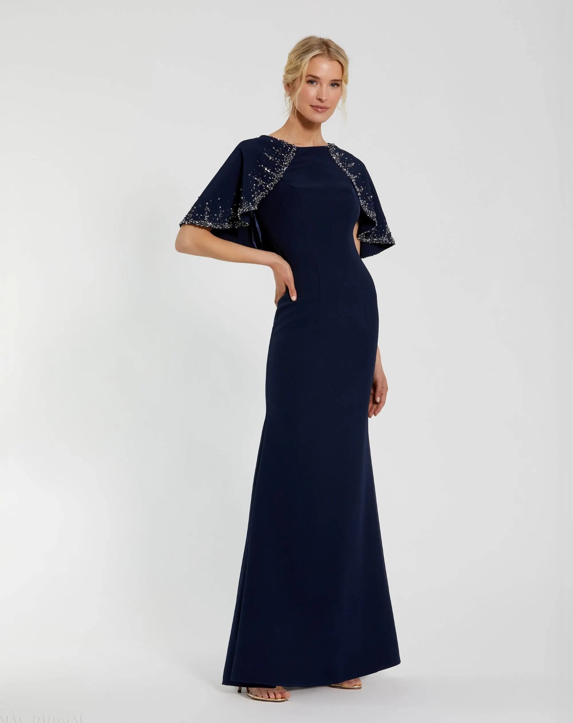Navy Crepe High Neck Fitted Gown With Beaded Shawl-Myartka