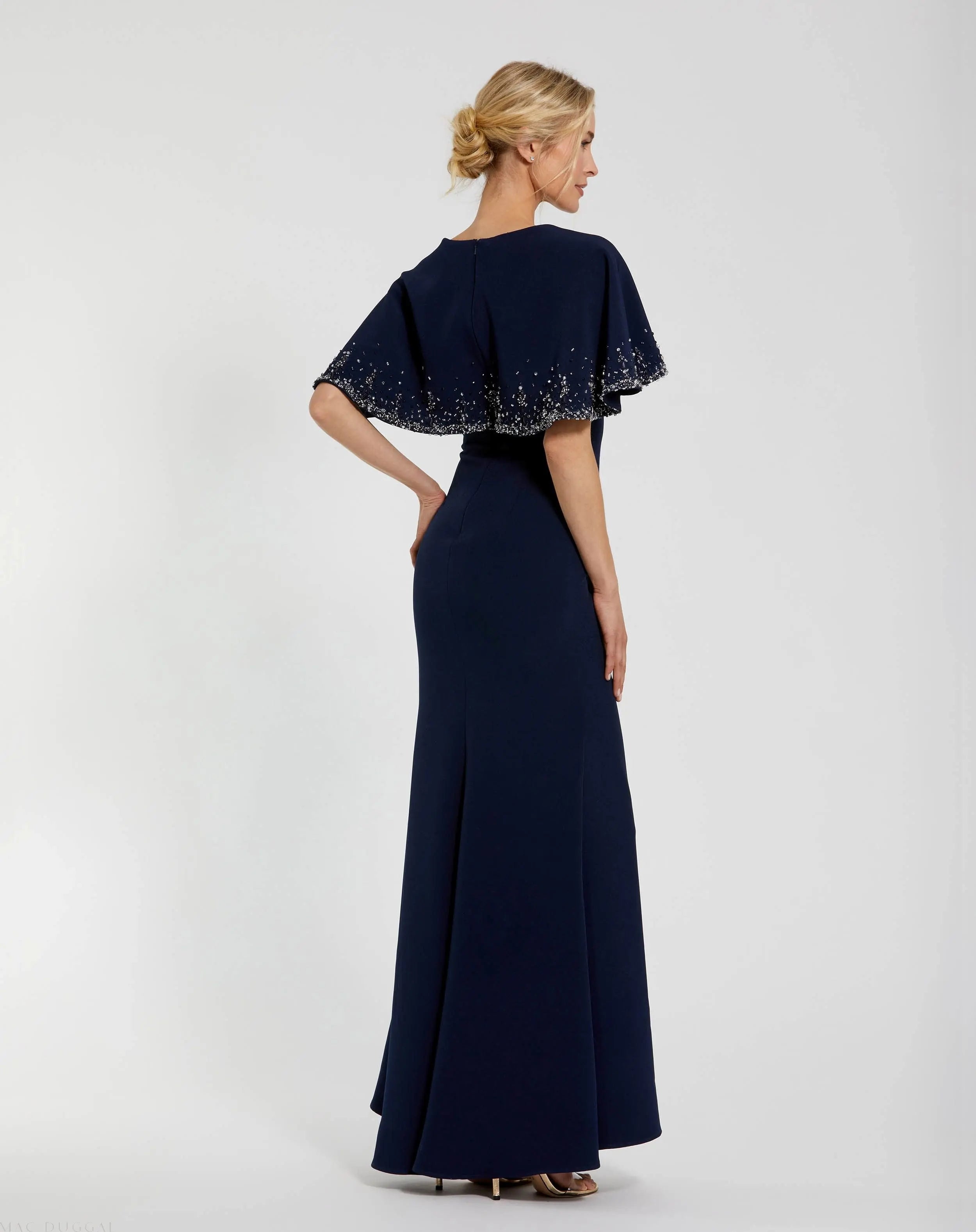 Navy Crepe High Neck Fitted Gown With Beaded Shawl-Myartka