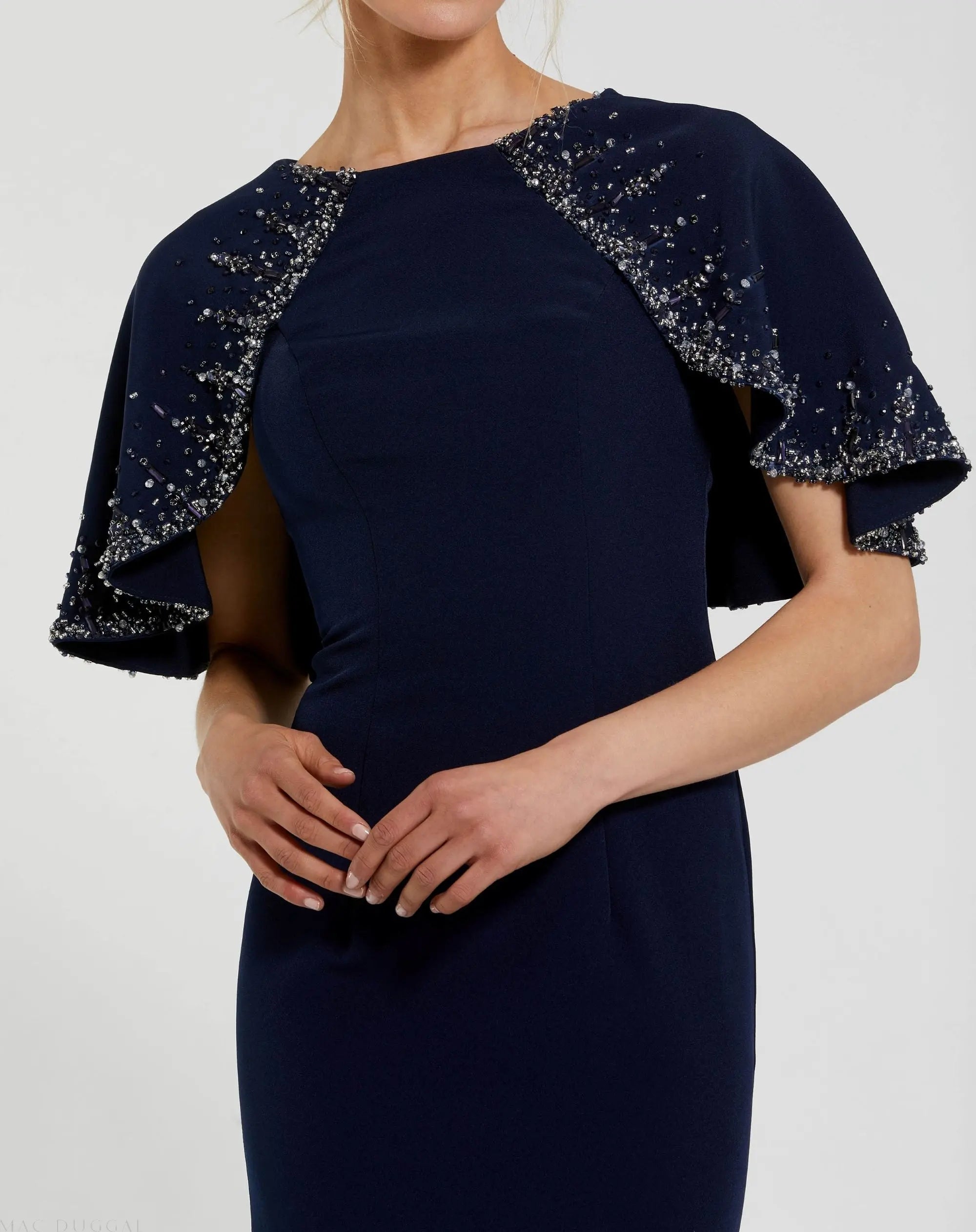 Navy Crepe High Neck Fitted Gown With Beaded Shawl-Myartka