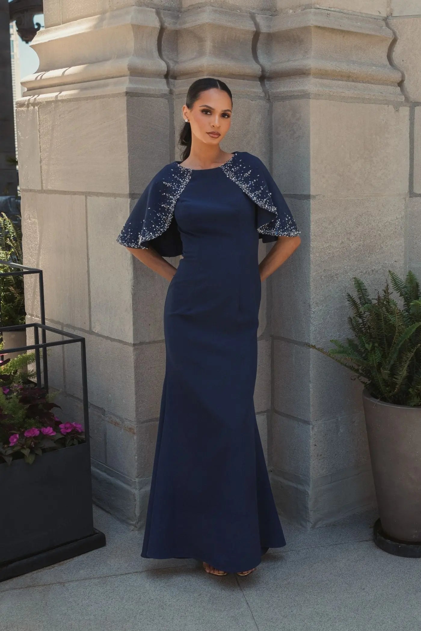 Navy Crepe High Neck Fitted Gown With Beaded Shawl-Myartka
