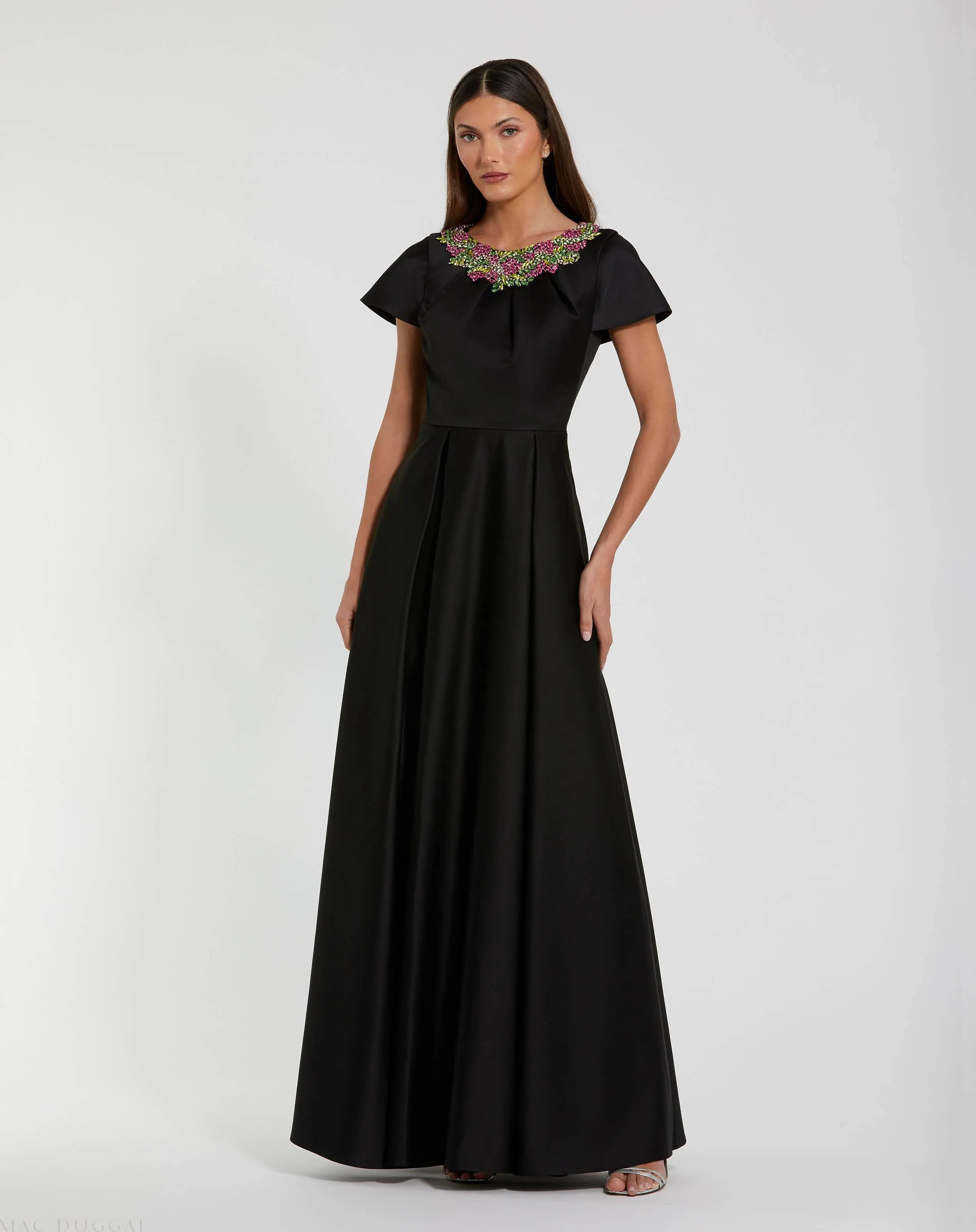 Black Satin Flutter Sleeve Gown With Neckline Beading-Myartka