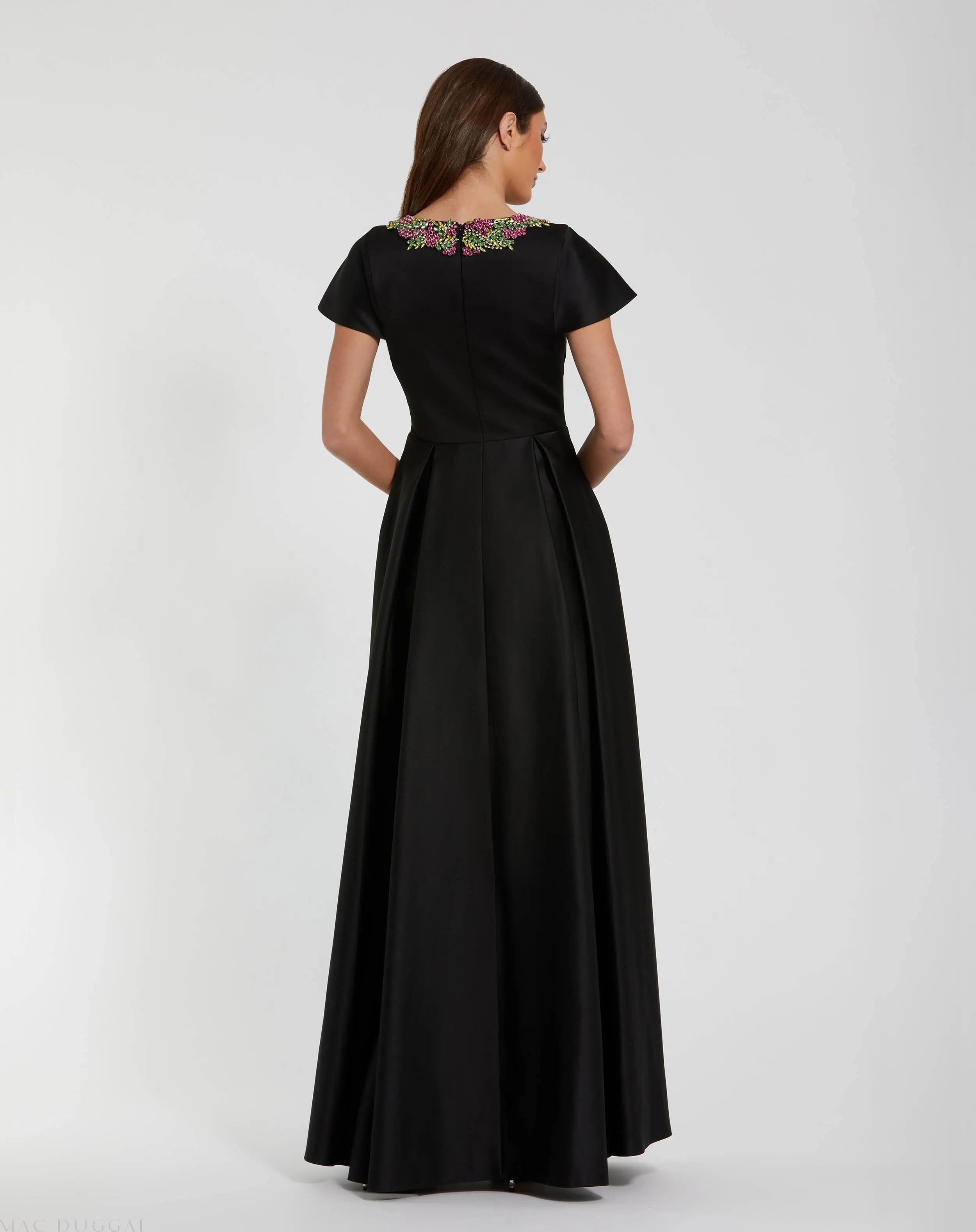 Black Satin Flutter Sleeve Gown With Neckline Beading-Myartka