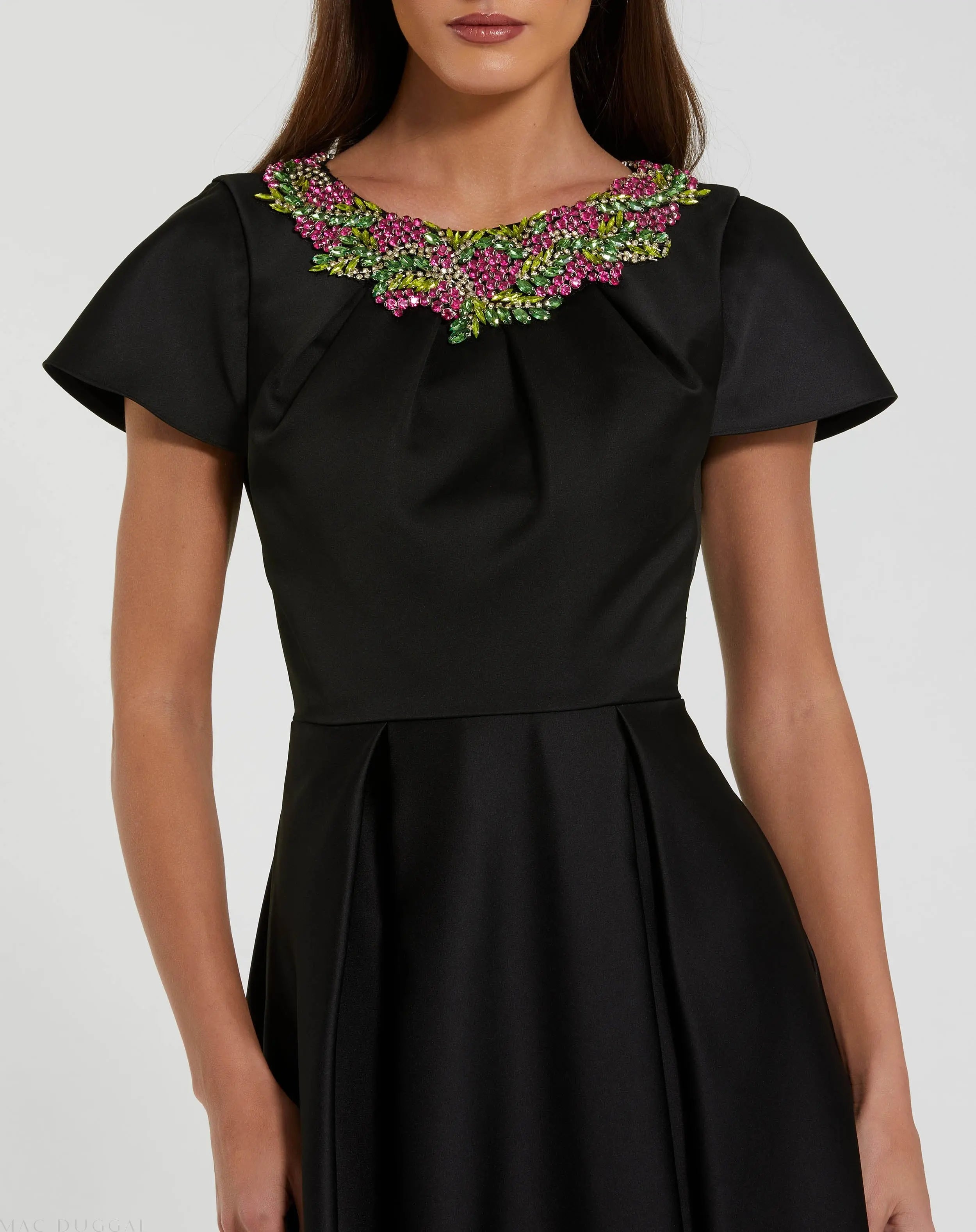 Black Satin Flutter Sleeve Gown With Neckline Beading-Myartka