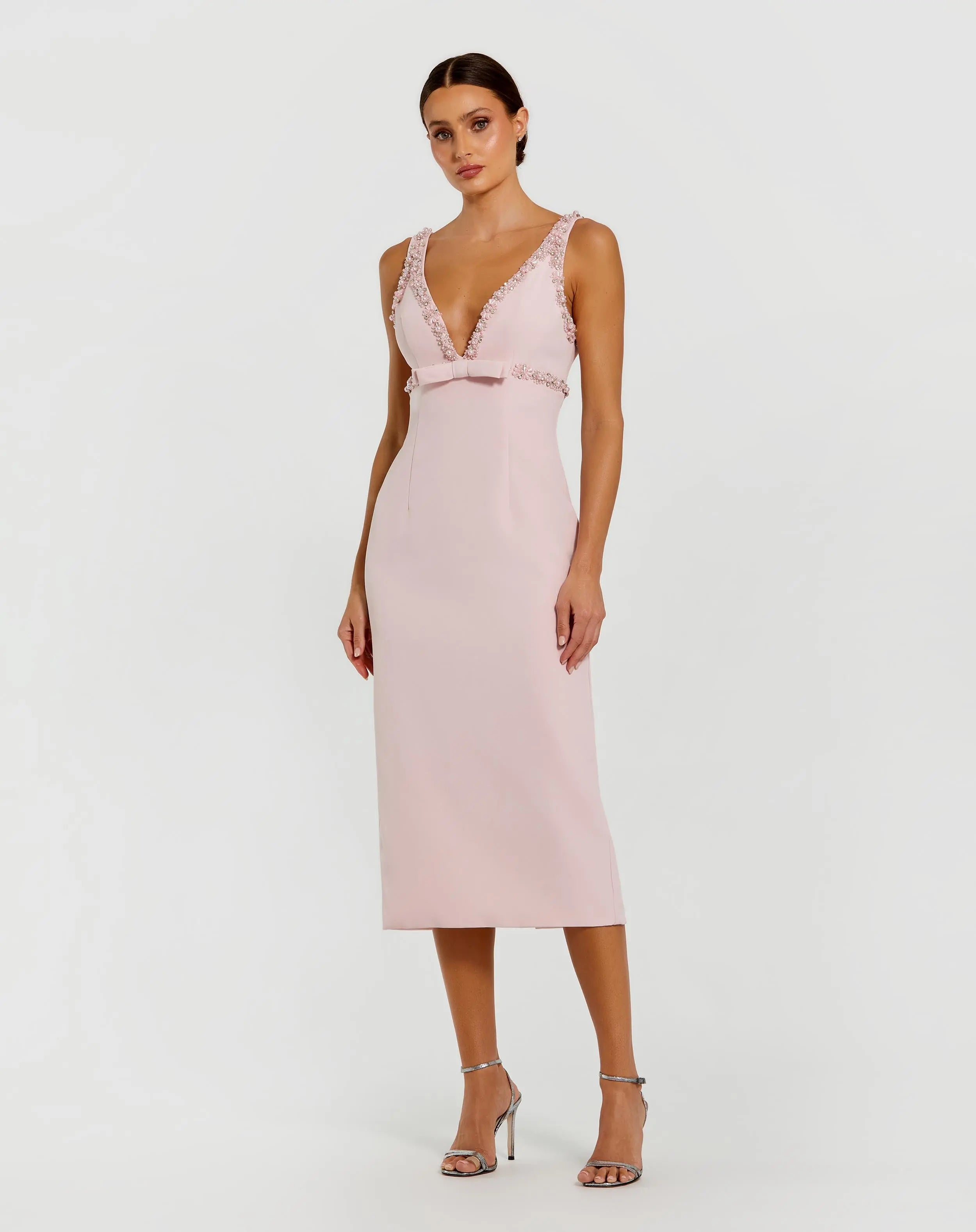 Pink Crepe Fitted Midi Dress With Bow And Beaded Trim-Myartka