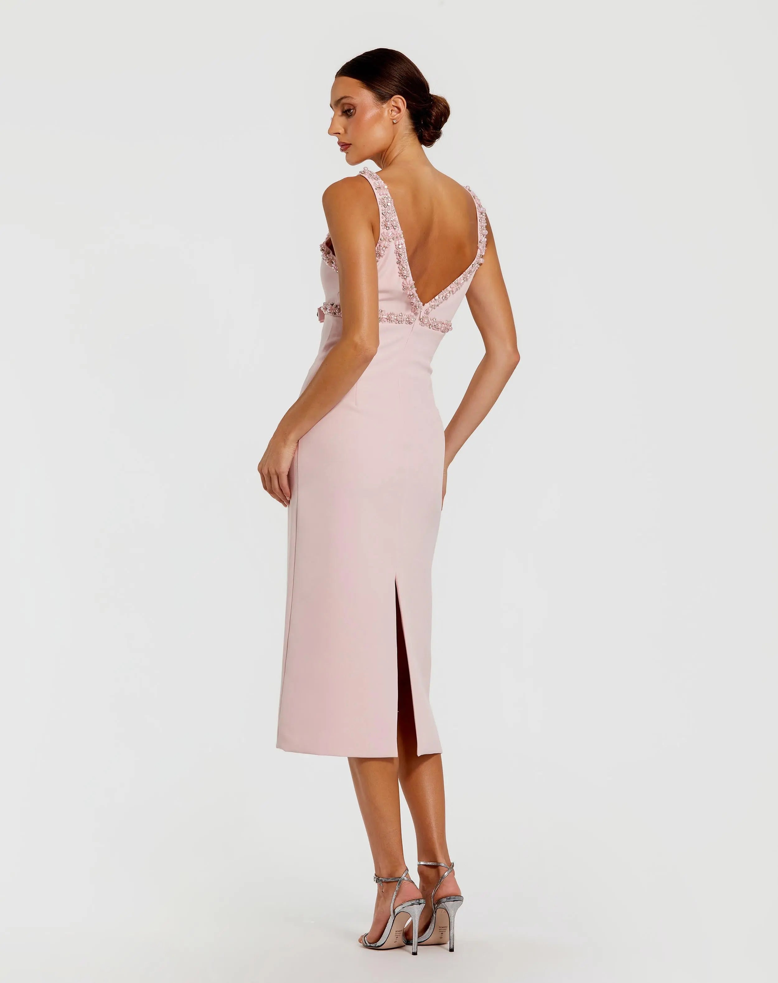 Pink Crepe Fitted Midi Dress With Bow And Beaded Trim-Myartka