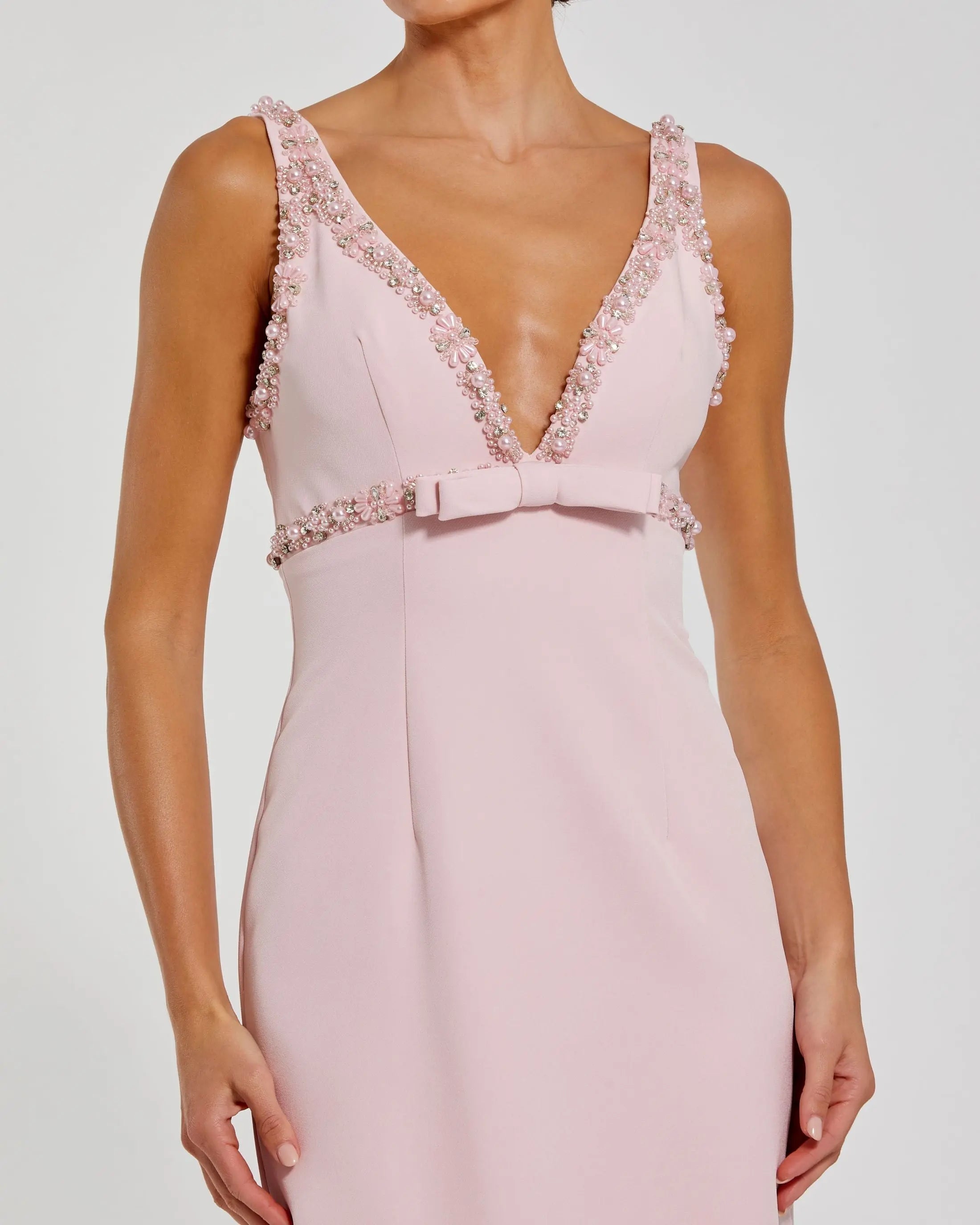 Pink Crepe Fitted Midi Dress With Bow And Beaded Trim-Myartka