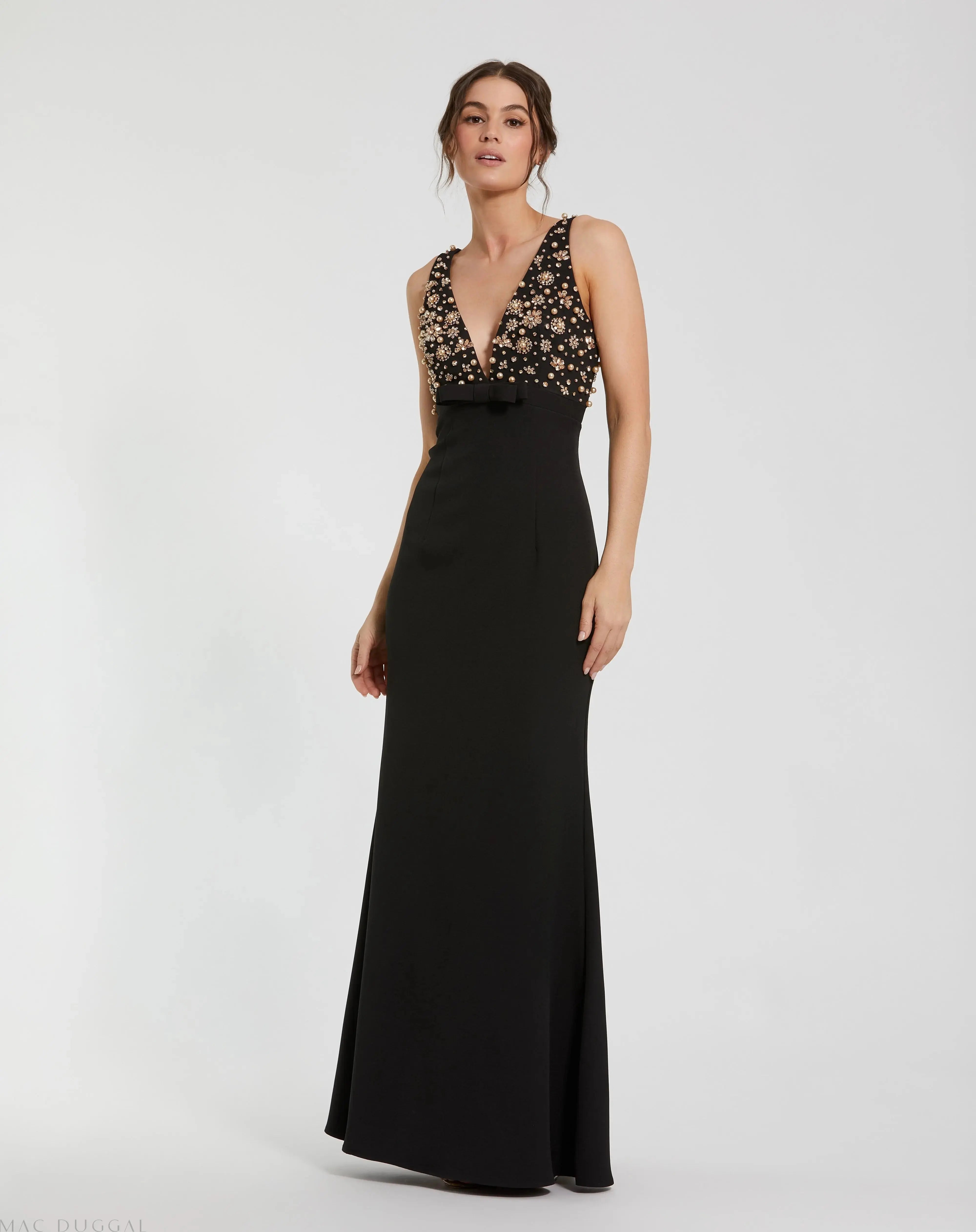 Black Crepe Sleeveless Beaded V Neck Gown With Bow-Myartka