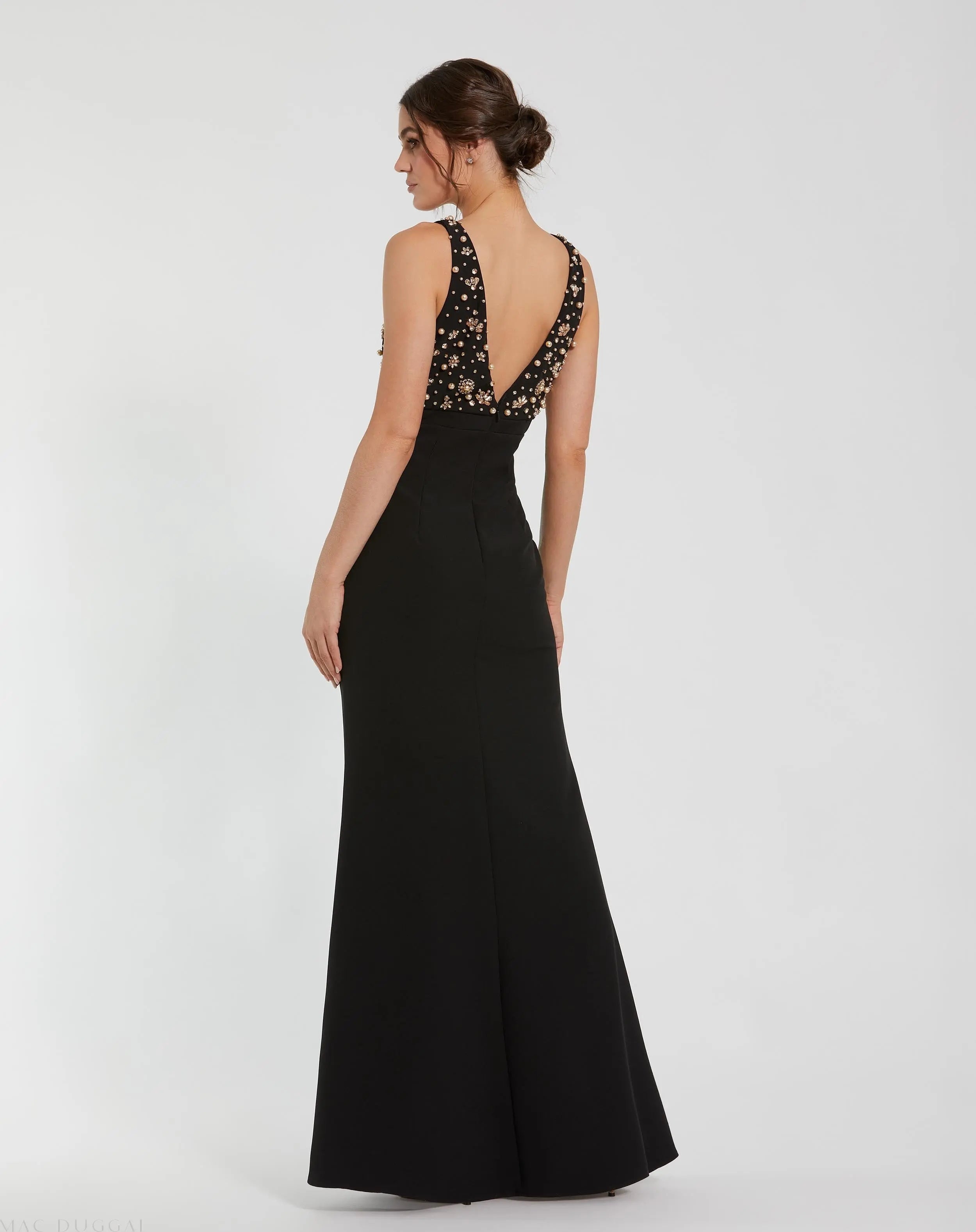 Black Crepe Sleeveless Beaded V Neck Gown With Bow-Myartka