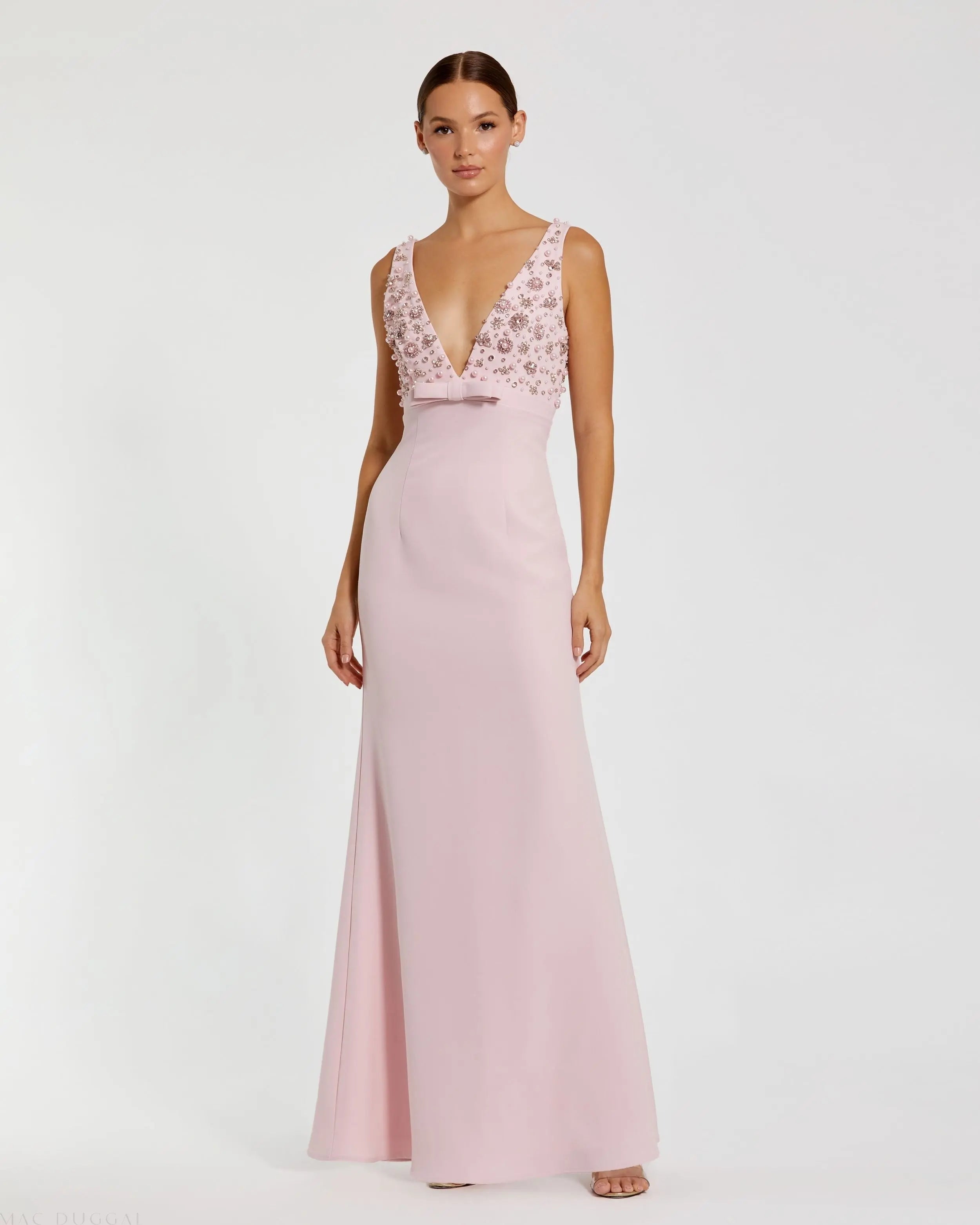 Pink Crepe Sleeveless Beaded V Neck Gown With Bow-Myartka