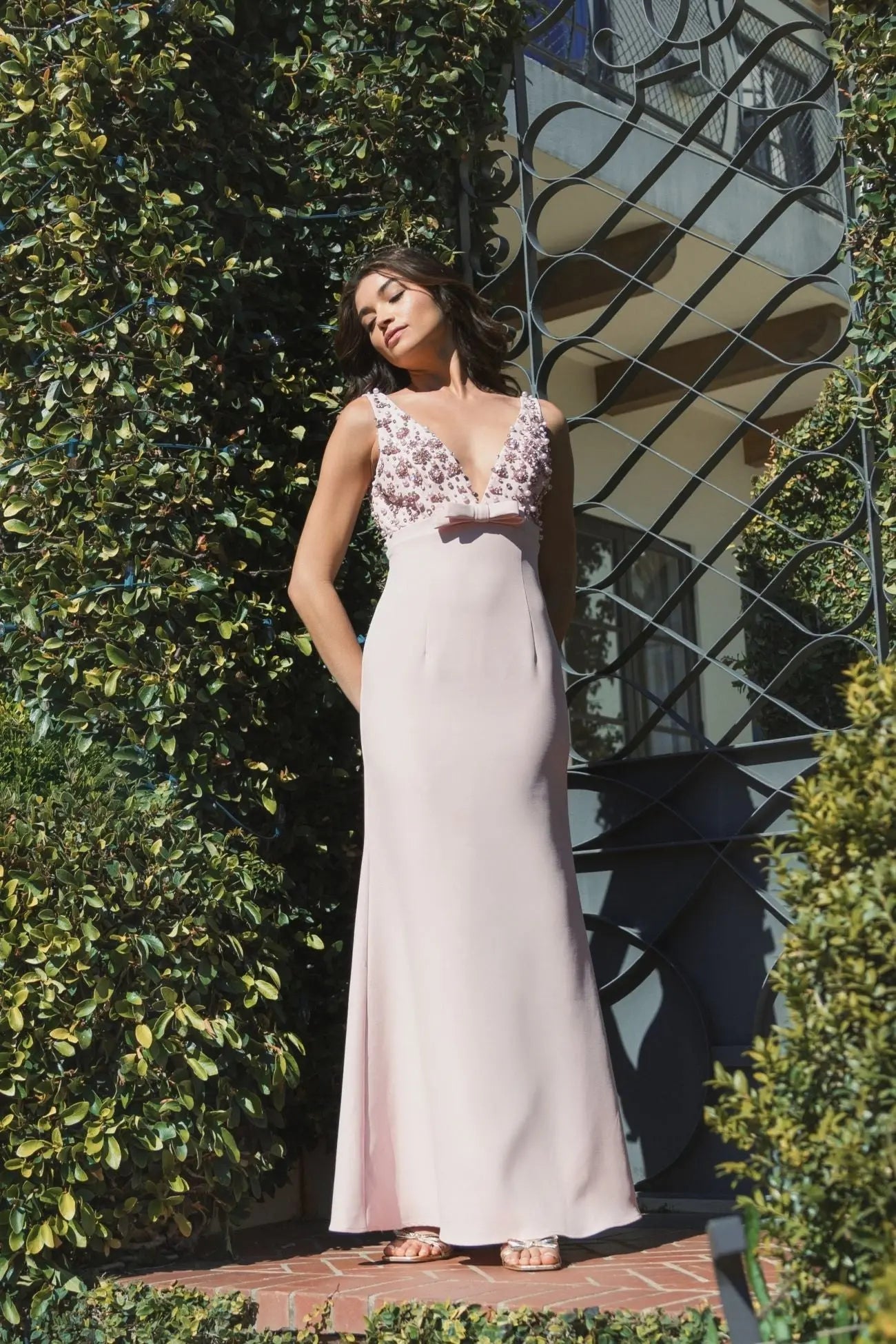 Pink Crepe Sleeveless Beaded V Neck Gown With Bow-Myartka