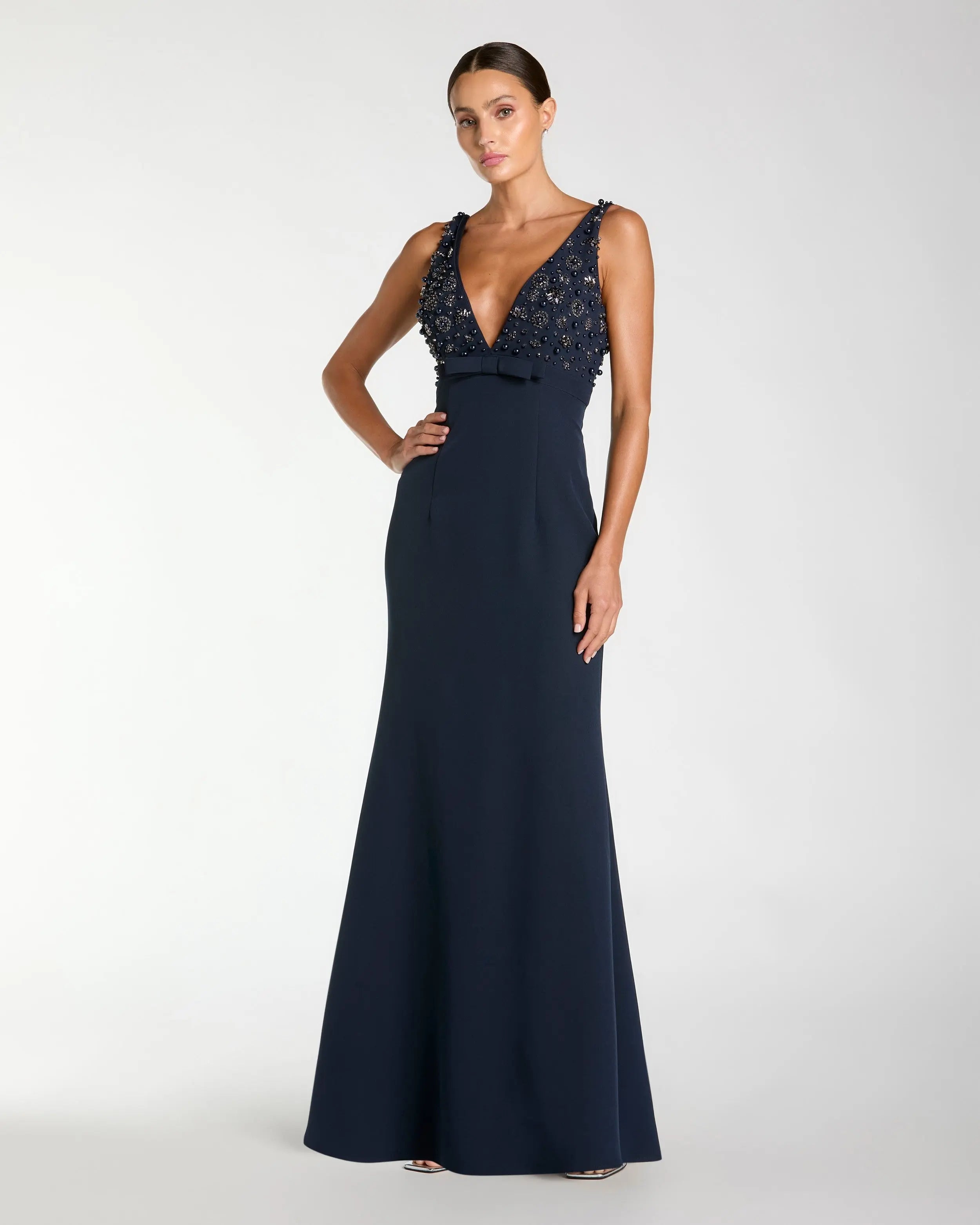 Navy Crepe Sleeveless Beaded V Neck Gown With Bow-Myartka