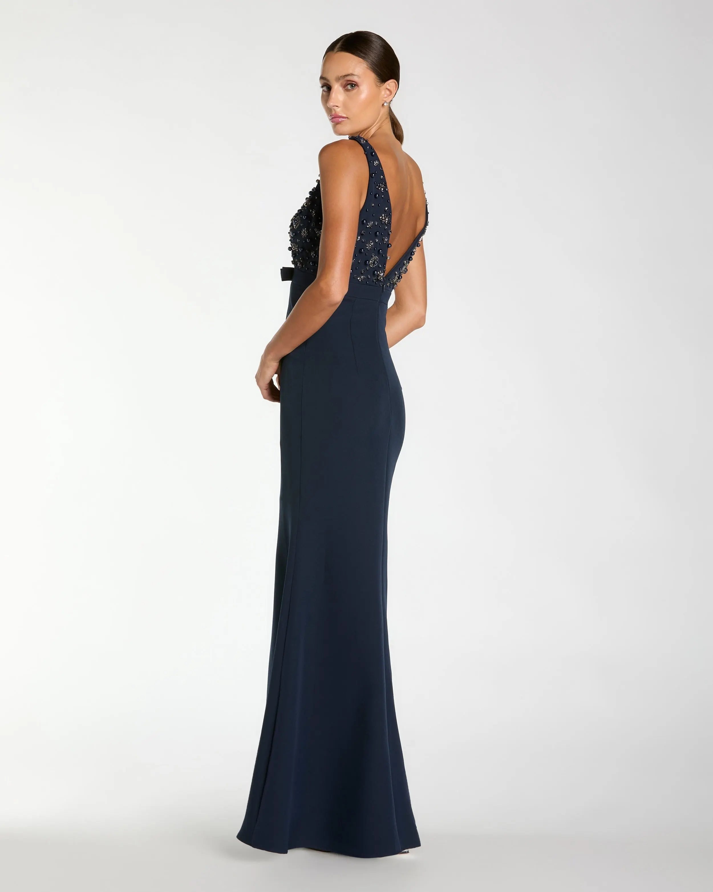 Navy Crepe Sleeveless Beaded V Neck Gown With Bow-Myartka