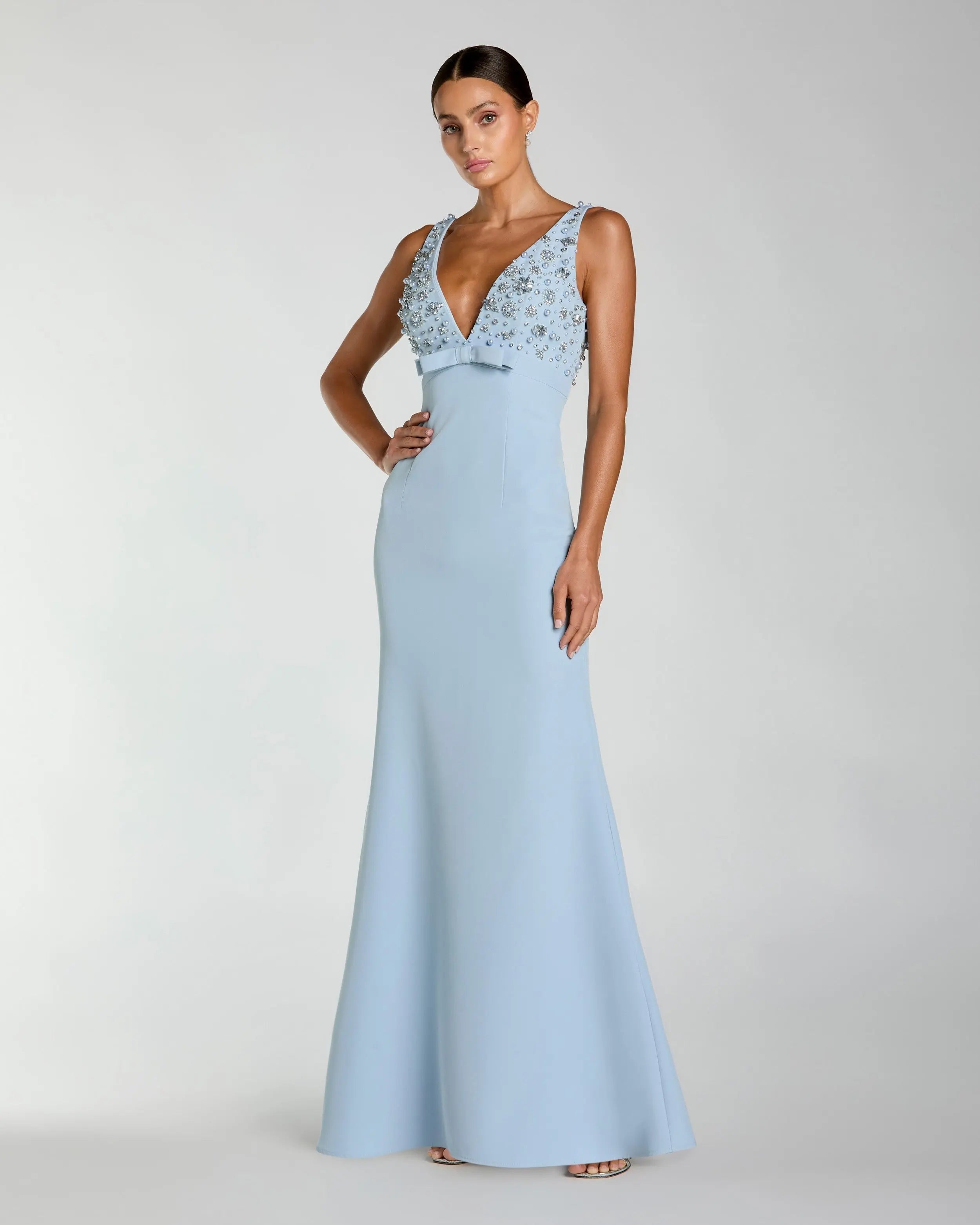 Blue Crepe Sleeveless Beaded V Neck Gown With Bow-Myartka