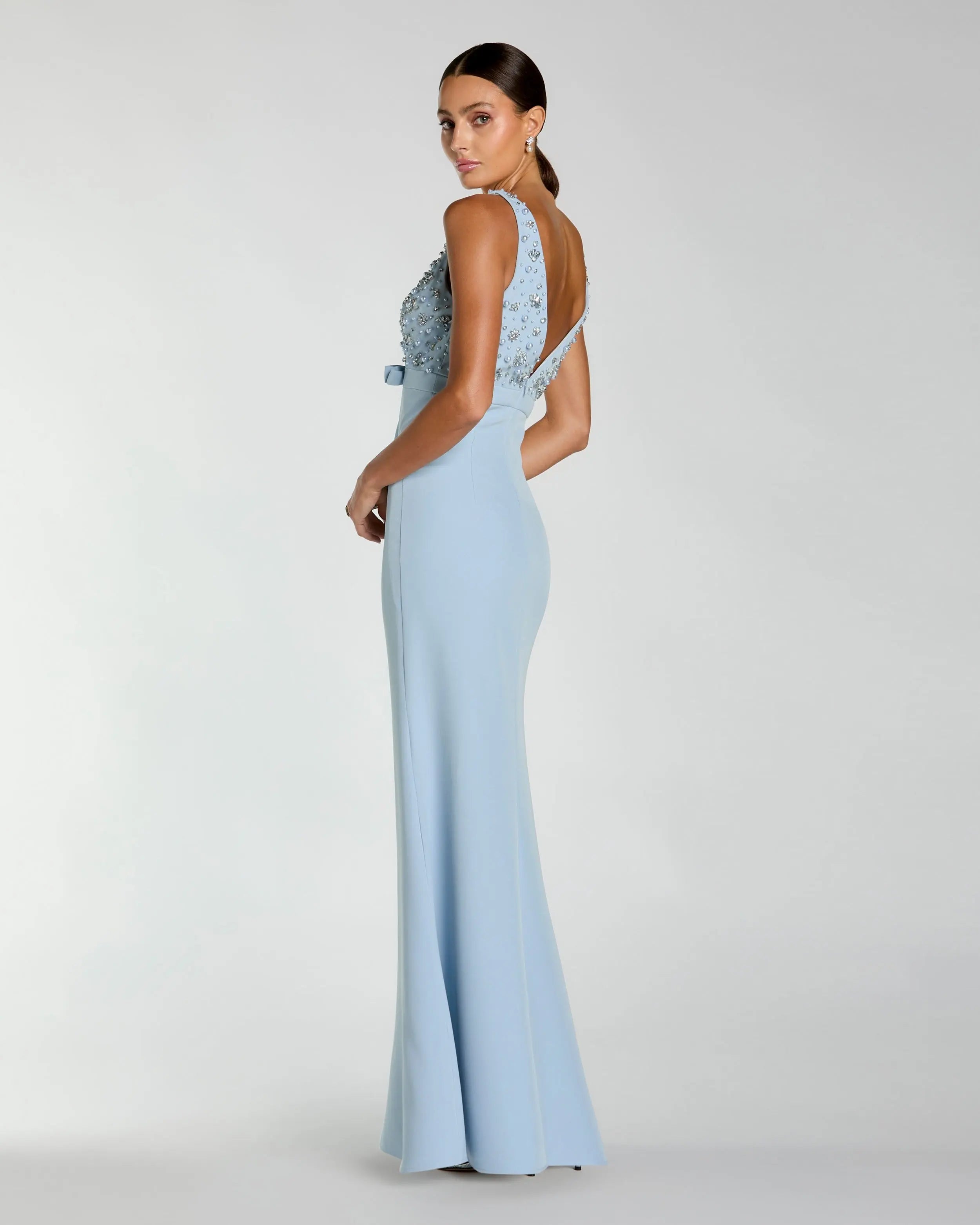 Blue Crepe Sleeveless Beaded V Neck Gown With Bow-Myartka
