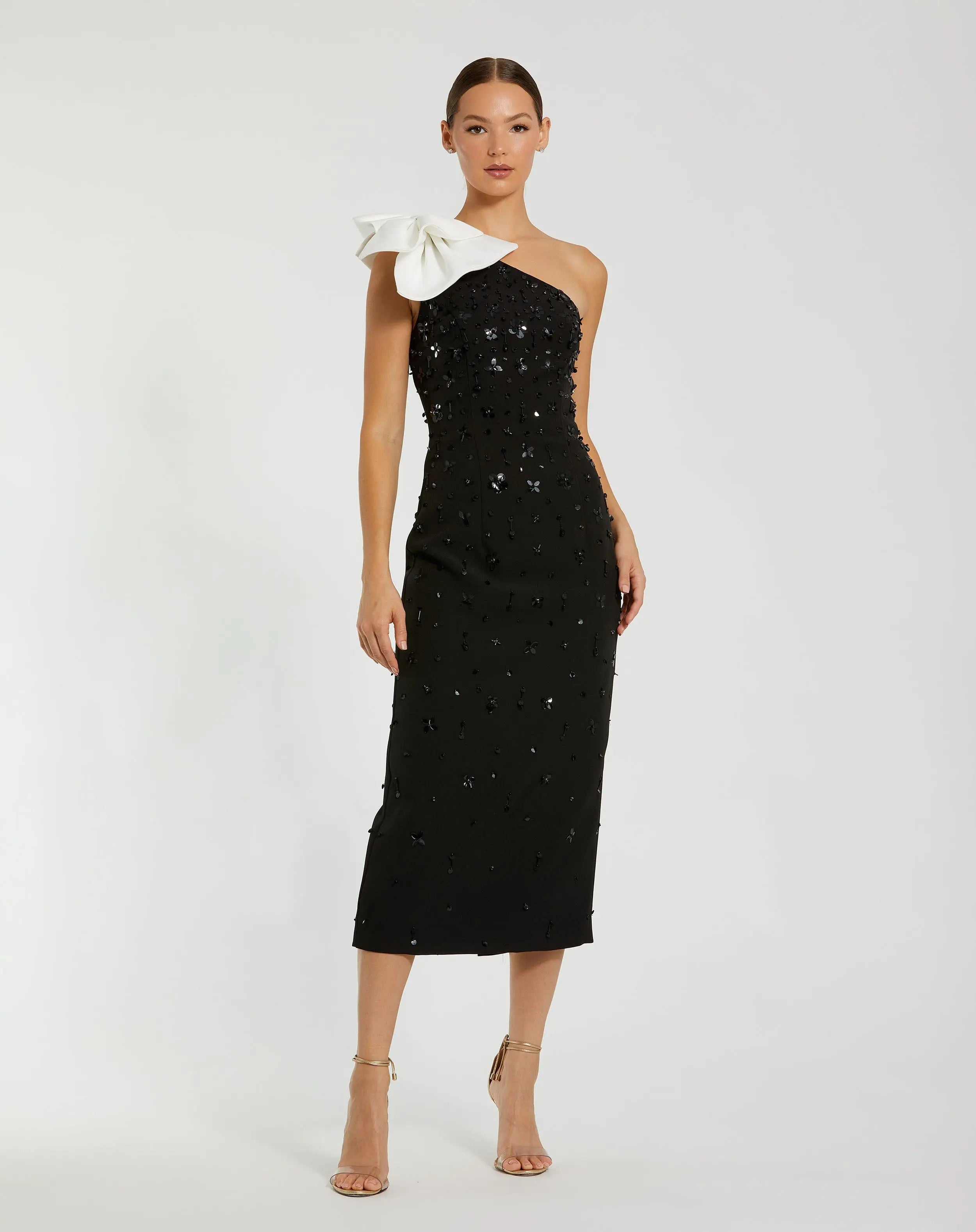 Black Crepe One Shoulder Beaded Midi Dress With Bow-Myartka