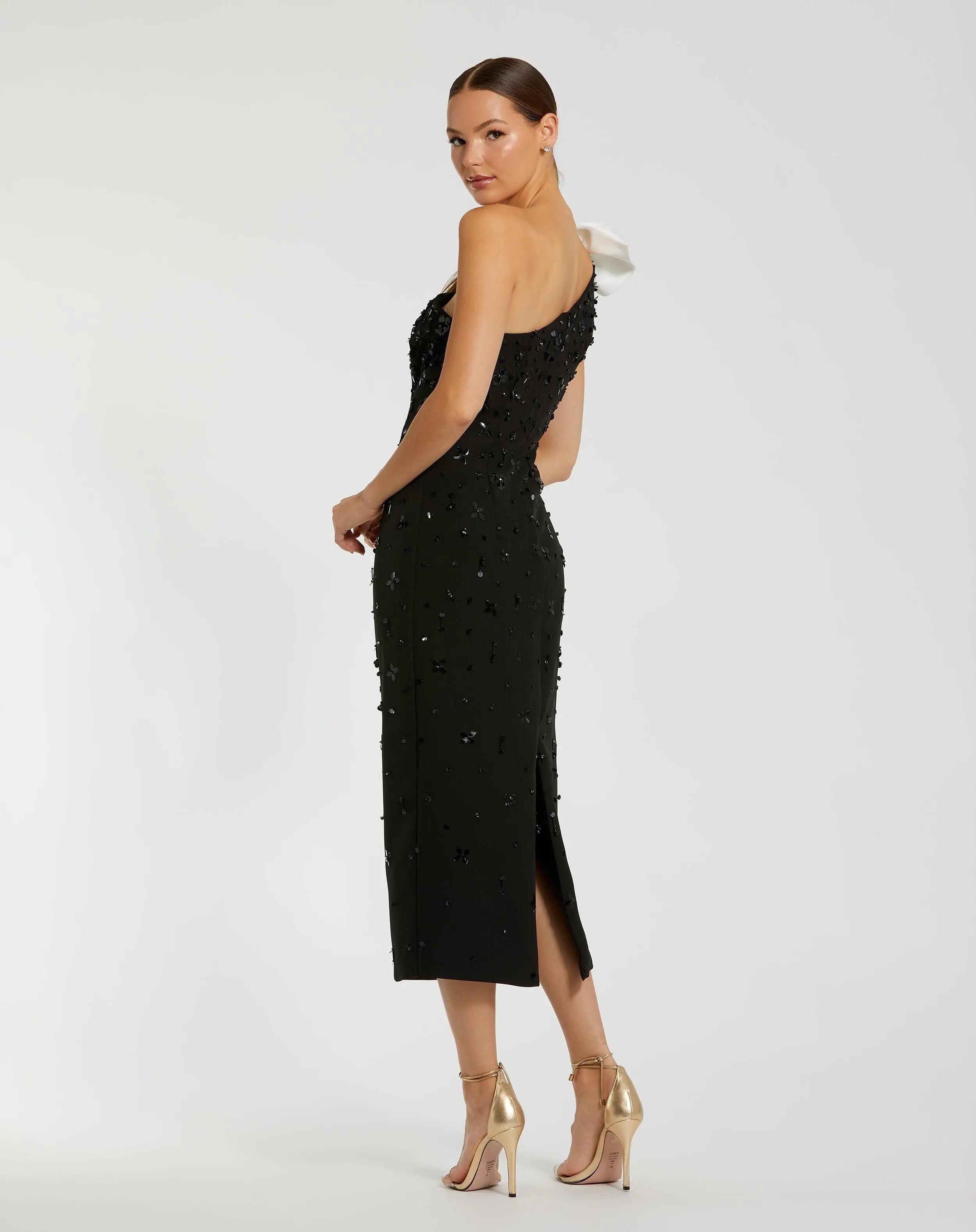 Black Crepe One Shoulder Beaded Midi Dress With Bow-Myartka