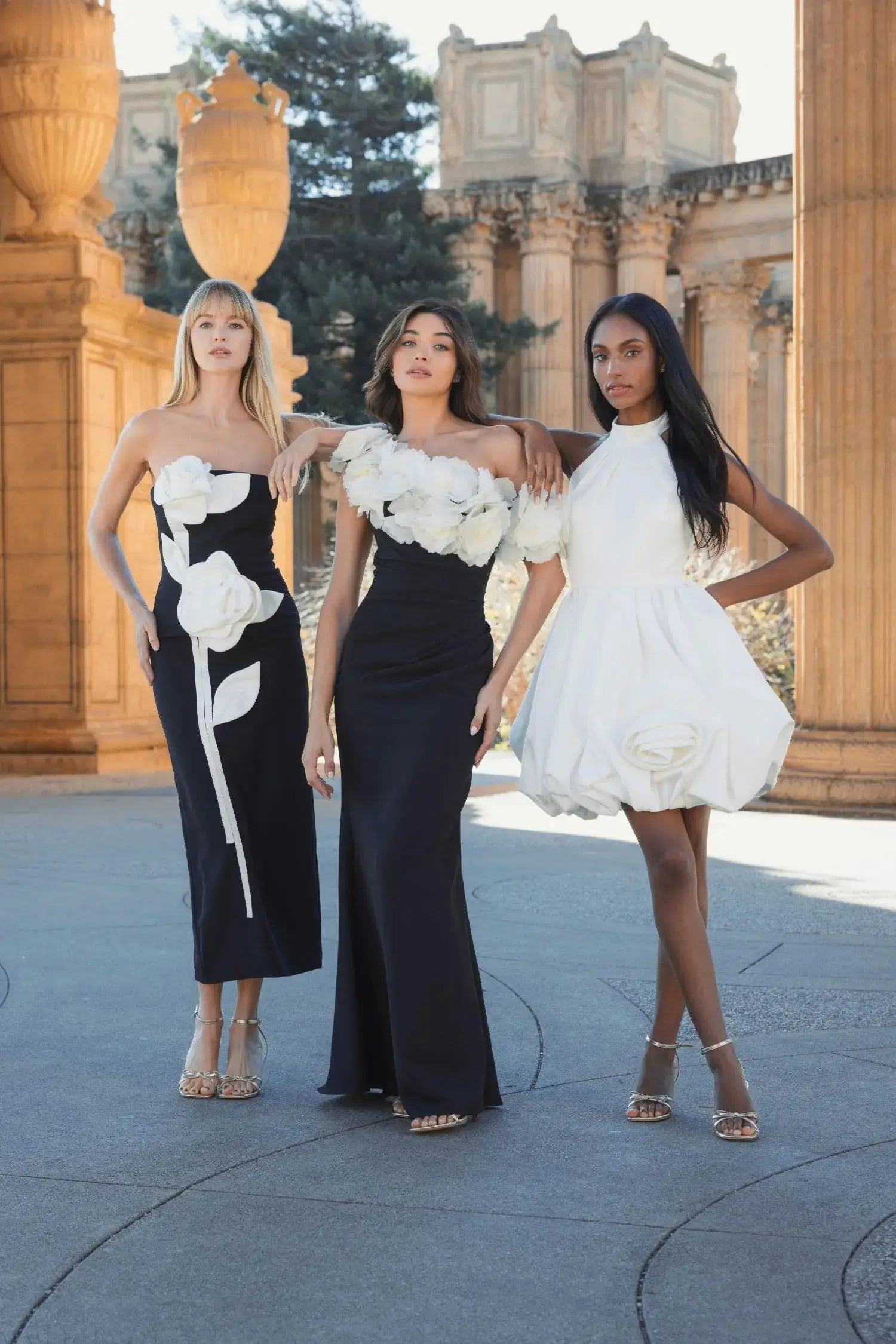 Black and White Jersey Gown With 3D Flower Off The Shoulder Detail-Myartka