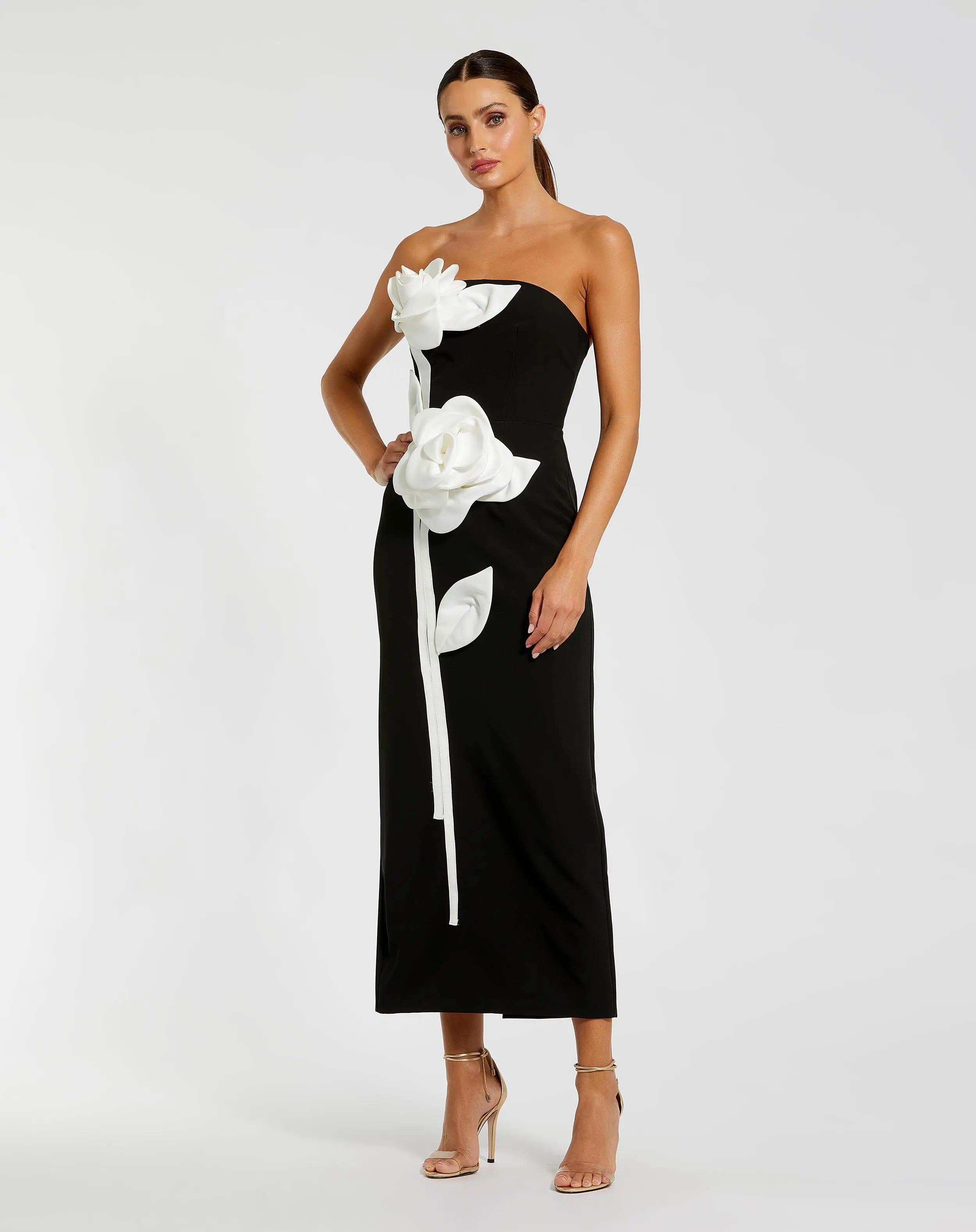Black Strapless Crepe Dress With 3D Satin Flowers-Myartka