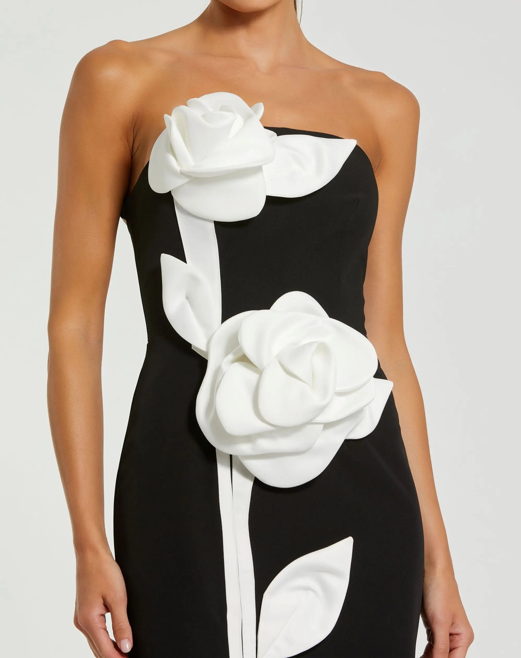 Black Strapless Crepe Dress With 3D Satin Flowers-Myartka