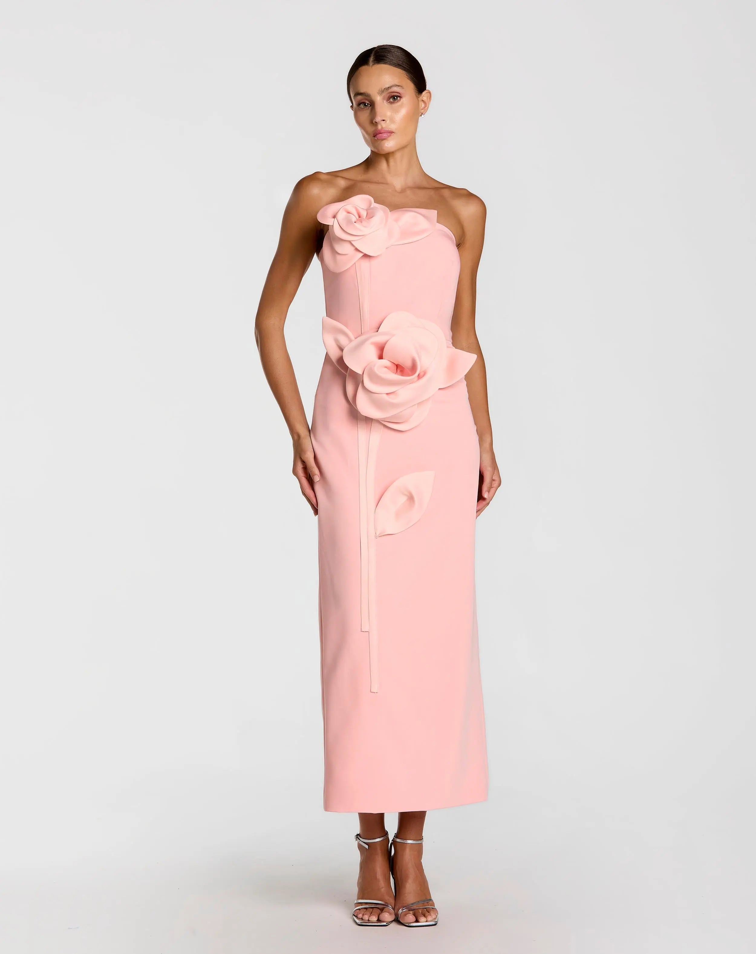 Pink Strapless Crepe Dress With 3D Satin Flowers-Myartka