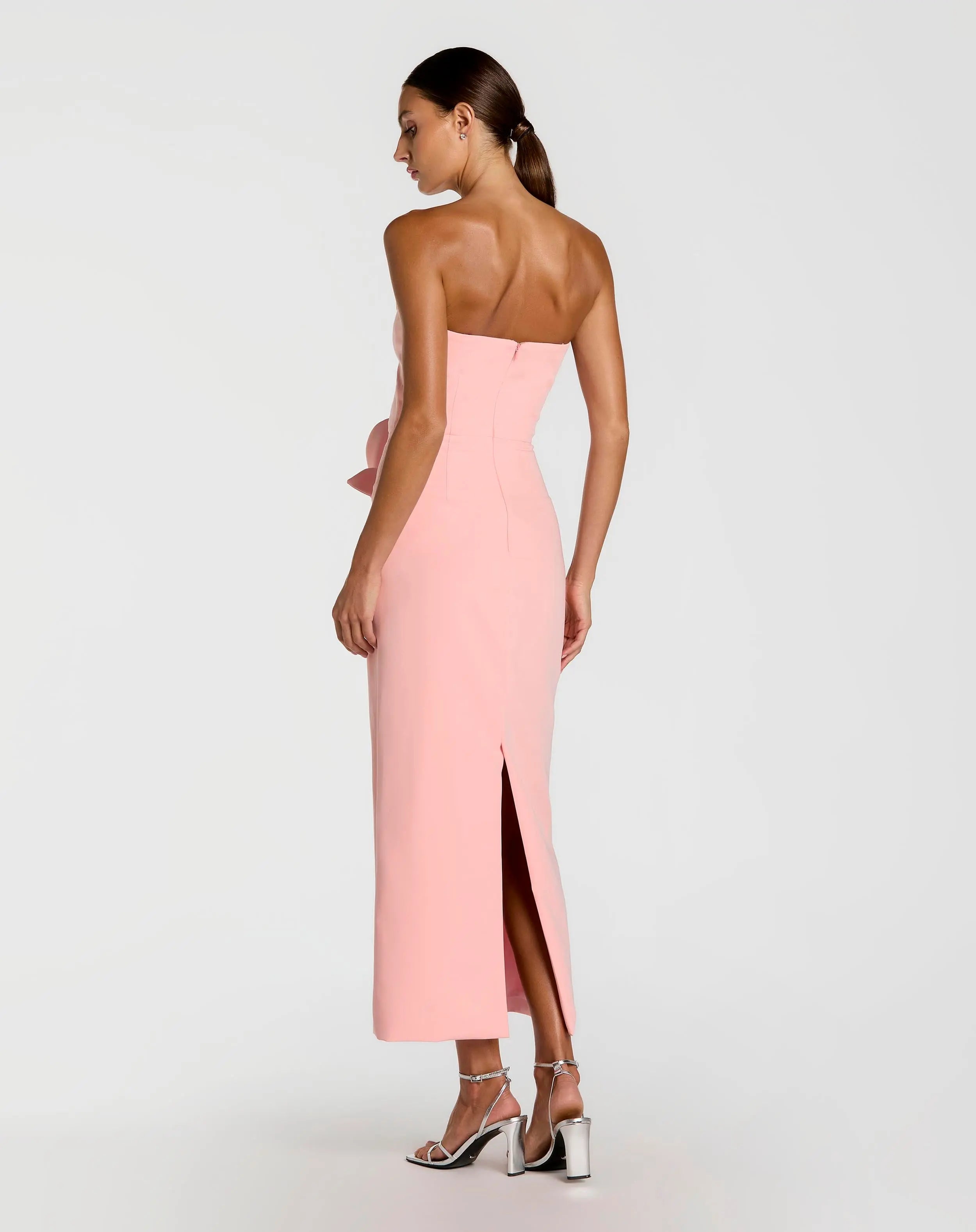 Pink Strapless Crepe Dress With 3D Satin Flowers-Myartka