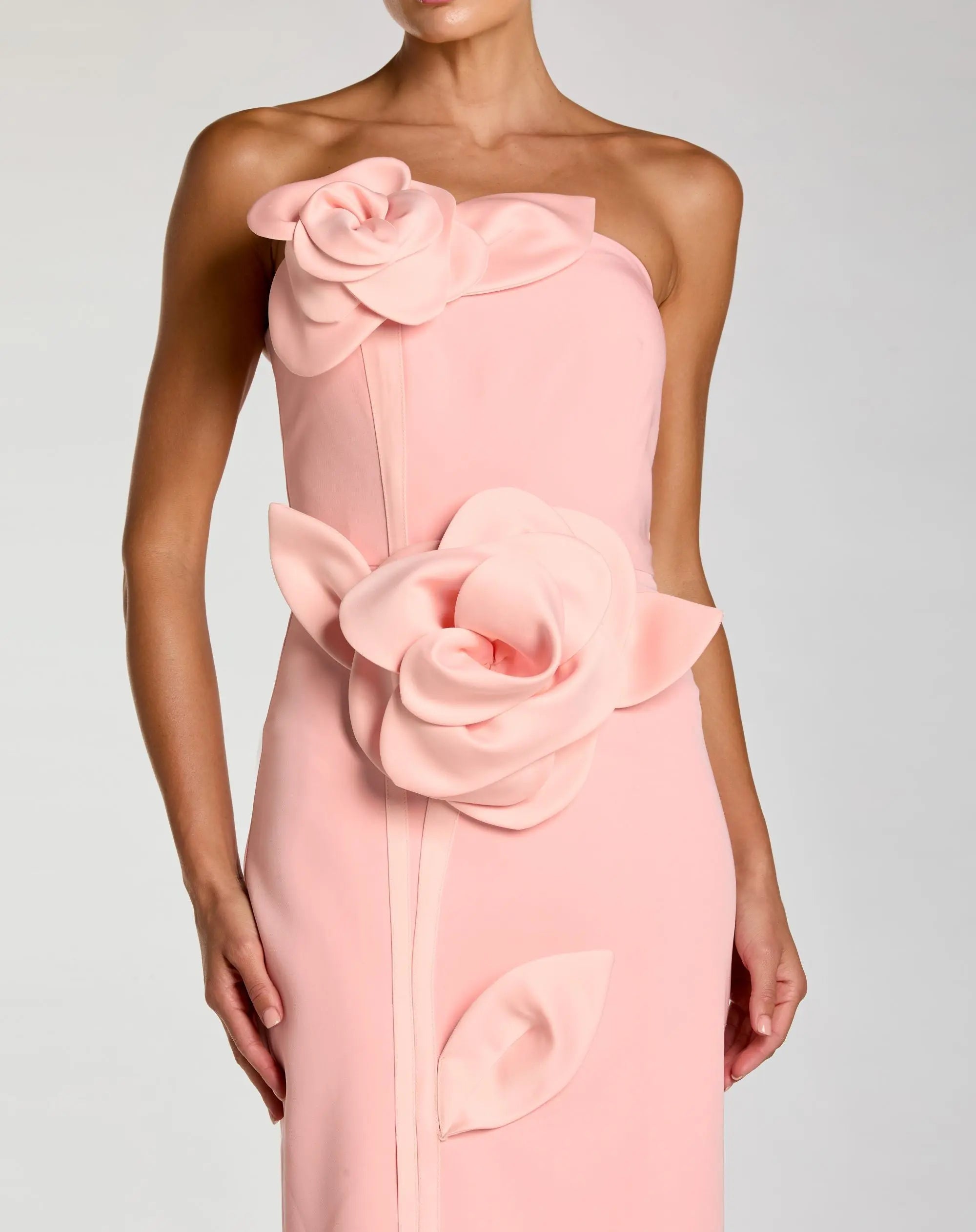 Pink Strapless Crepe Dress With 3D Satin Flowers-Myartka