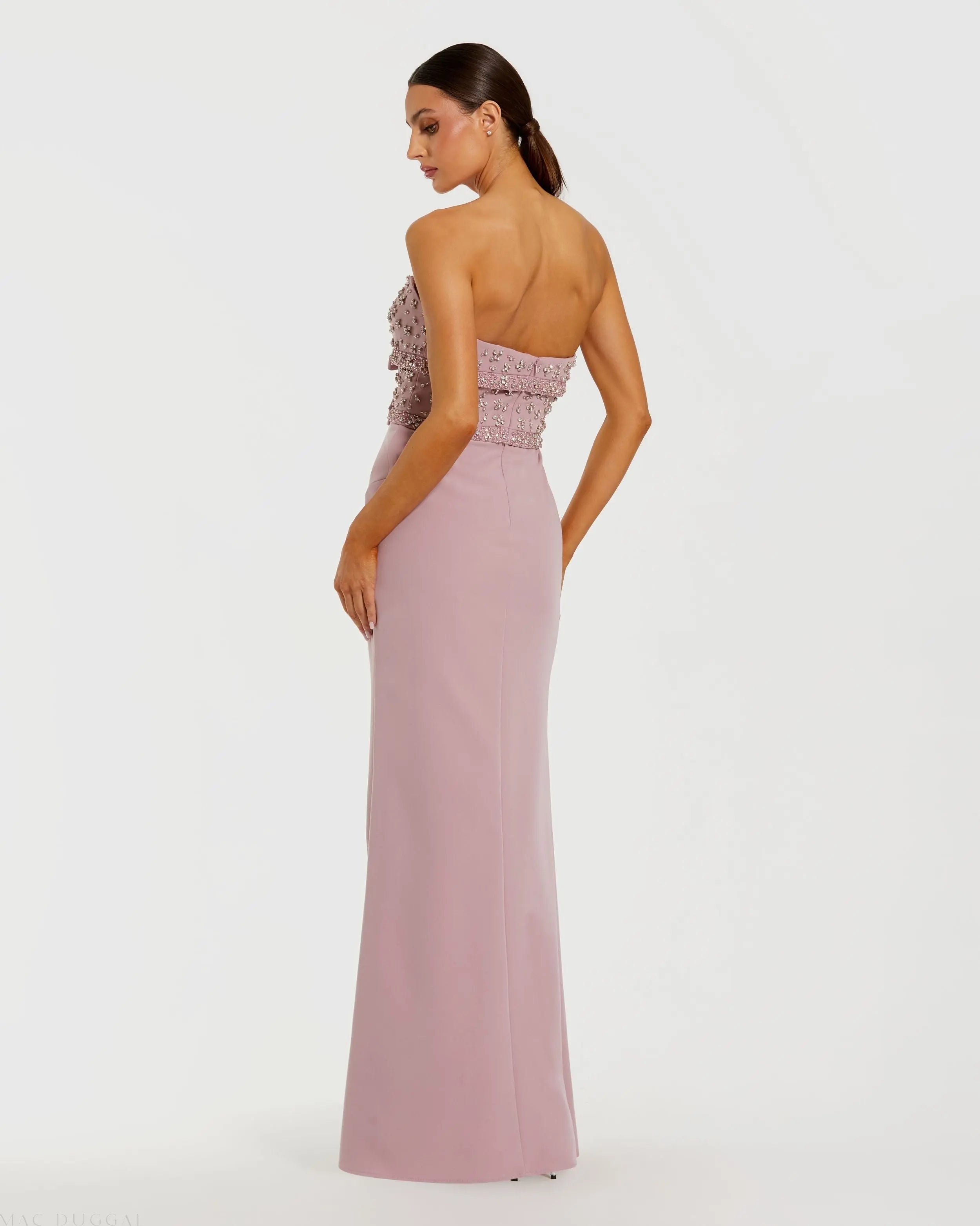 Pink Strapless Rhinestone Bodice Crepe Gown-Myartka