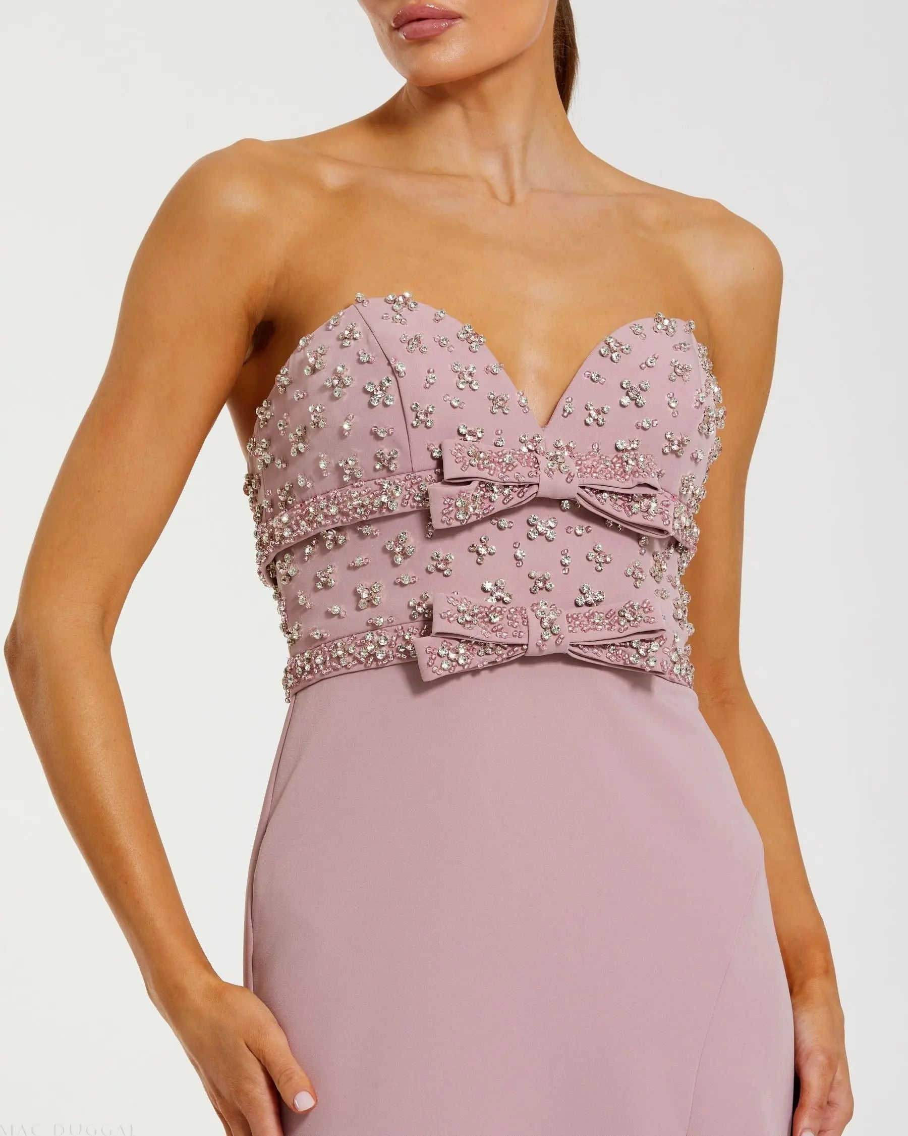 Pink Strapless Rhinestone Bodice Crepe Gown-Myartka
