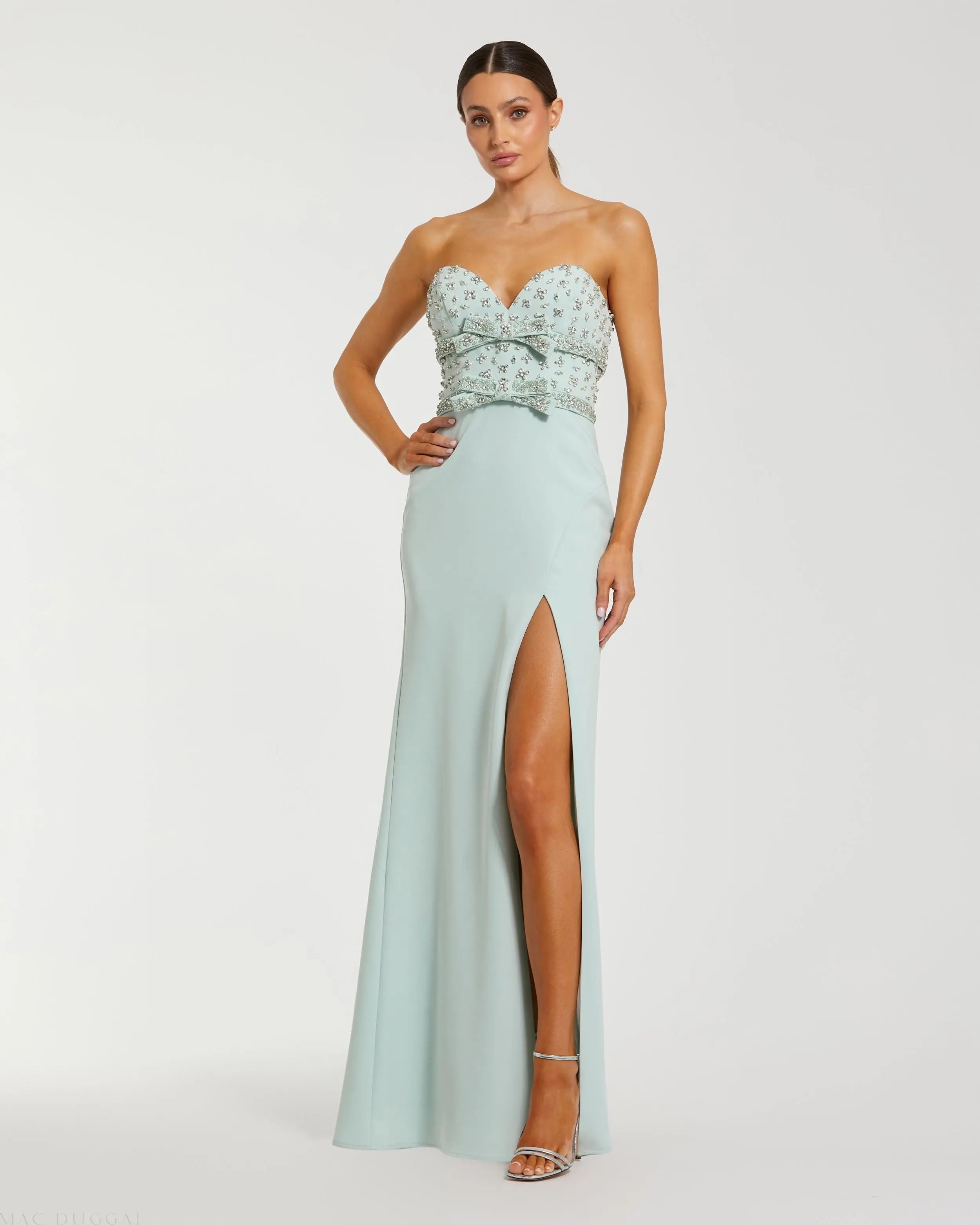 Green Strapless Rhinestone Bodice Crepe Gown-Myartka