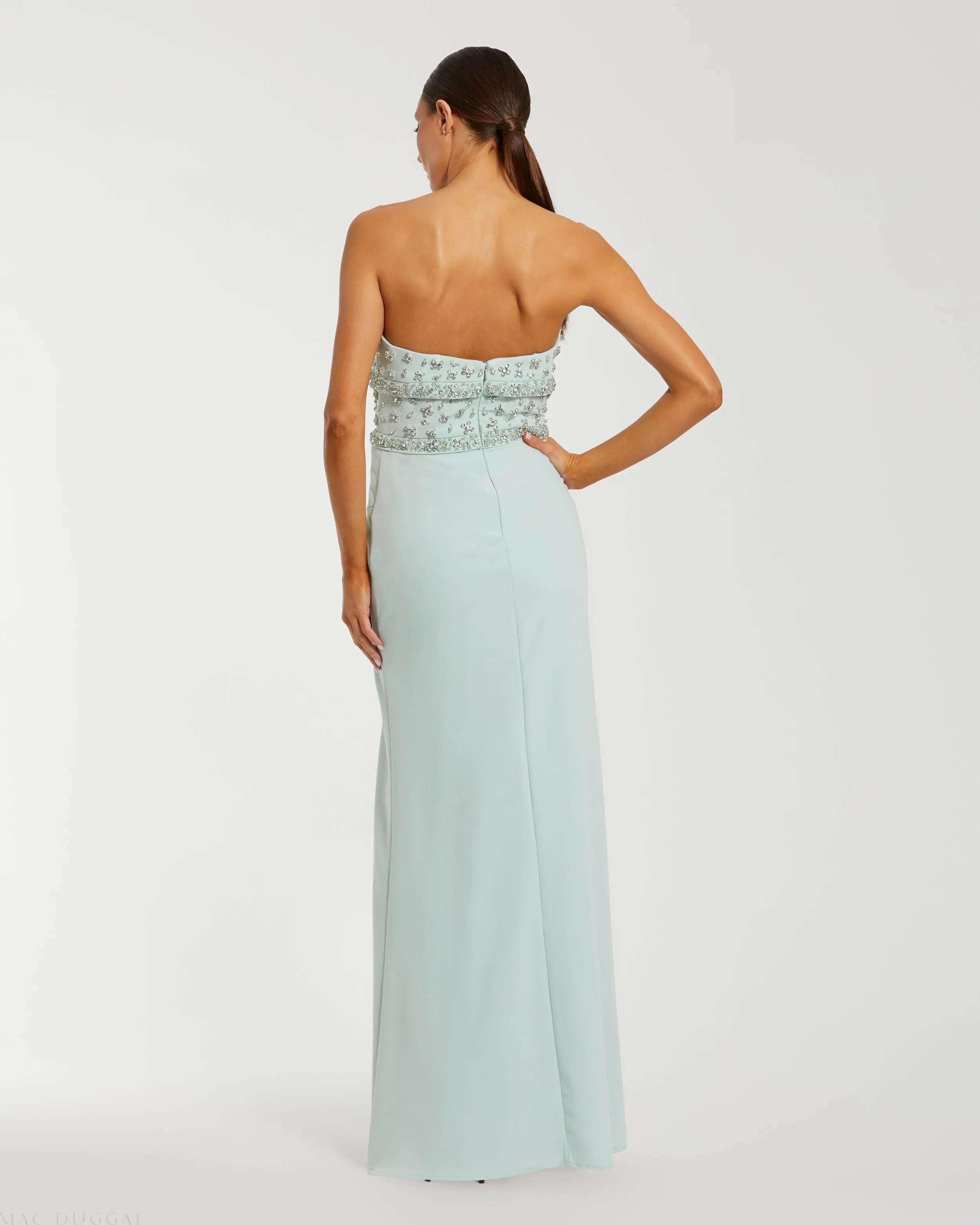 Green Strapless Rhinestone Bodice Crepe Gown-Myartka