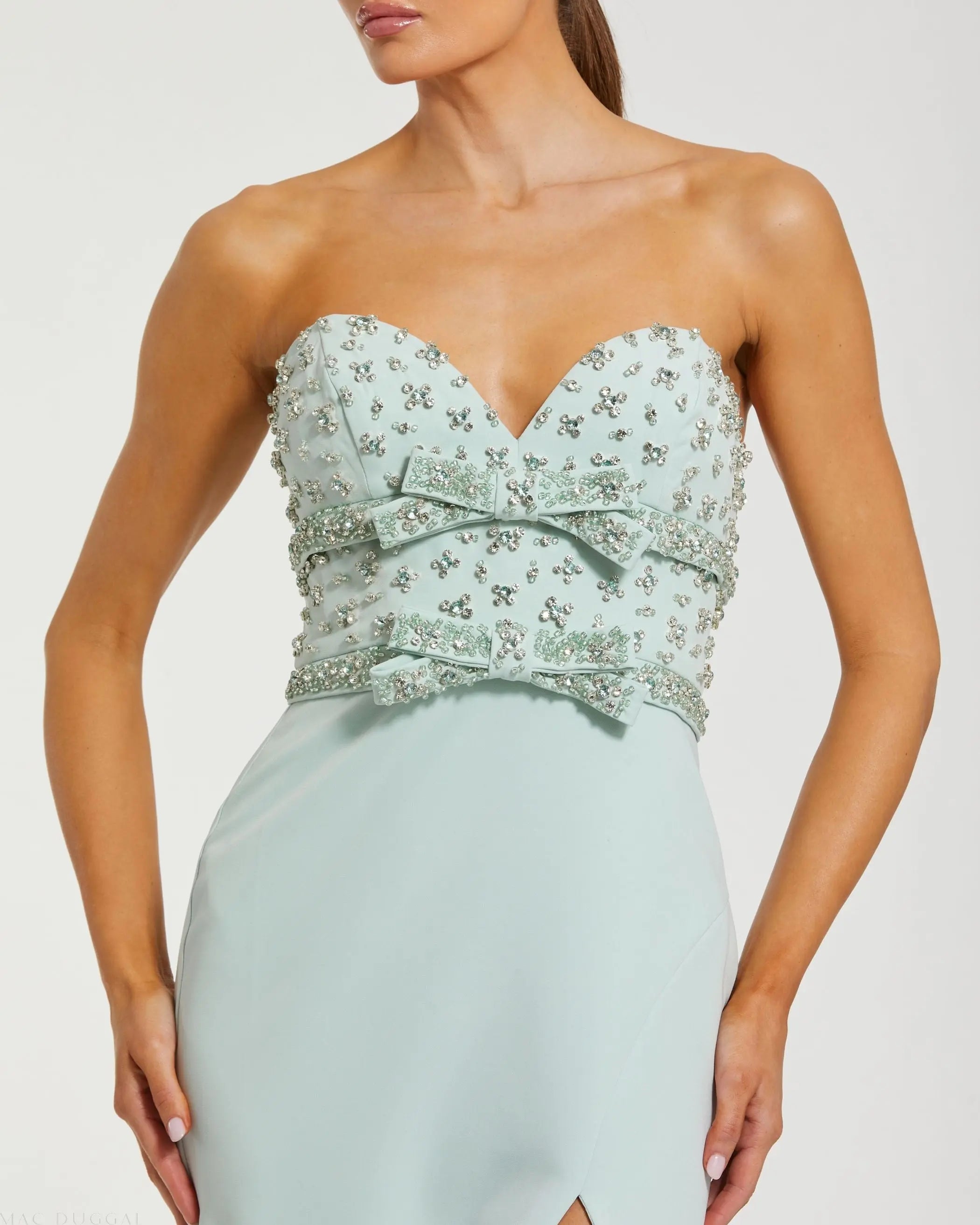 Green Strapless Rhinestone Bodice Crepe Gown-Myartka