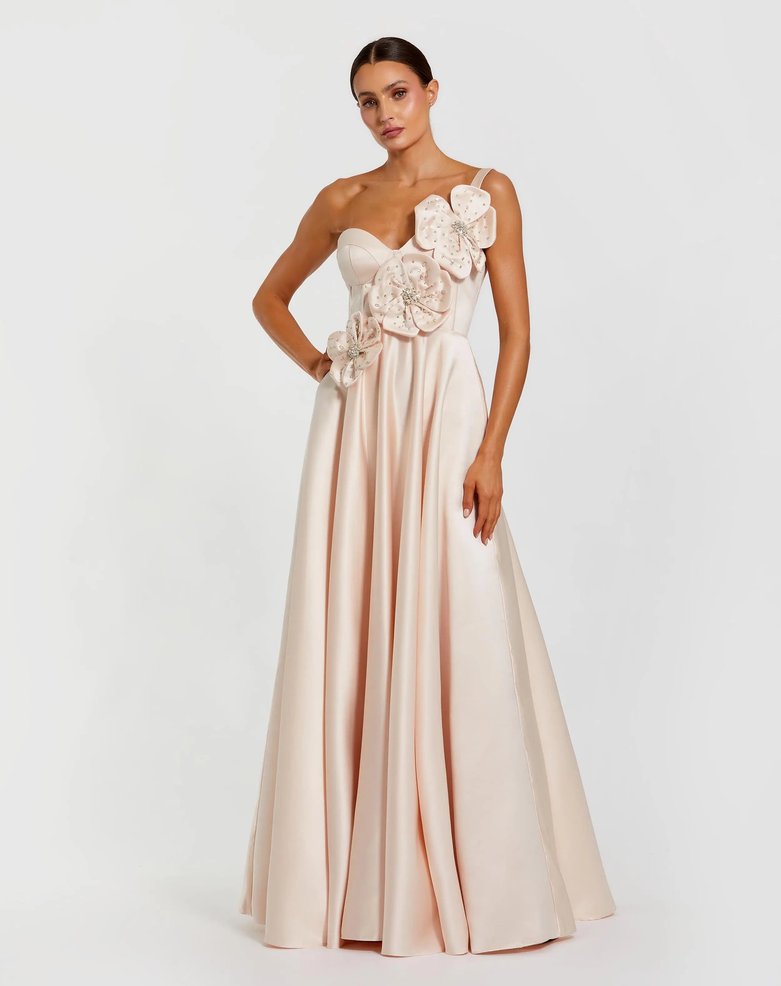Light Pink Satin Bustier Ball Gown With 3D Flowers-Myartka