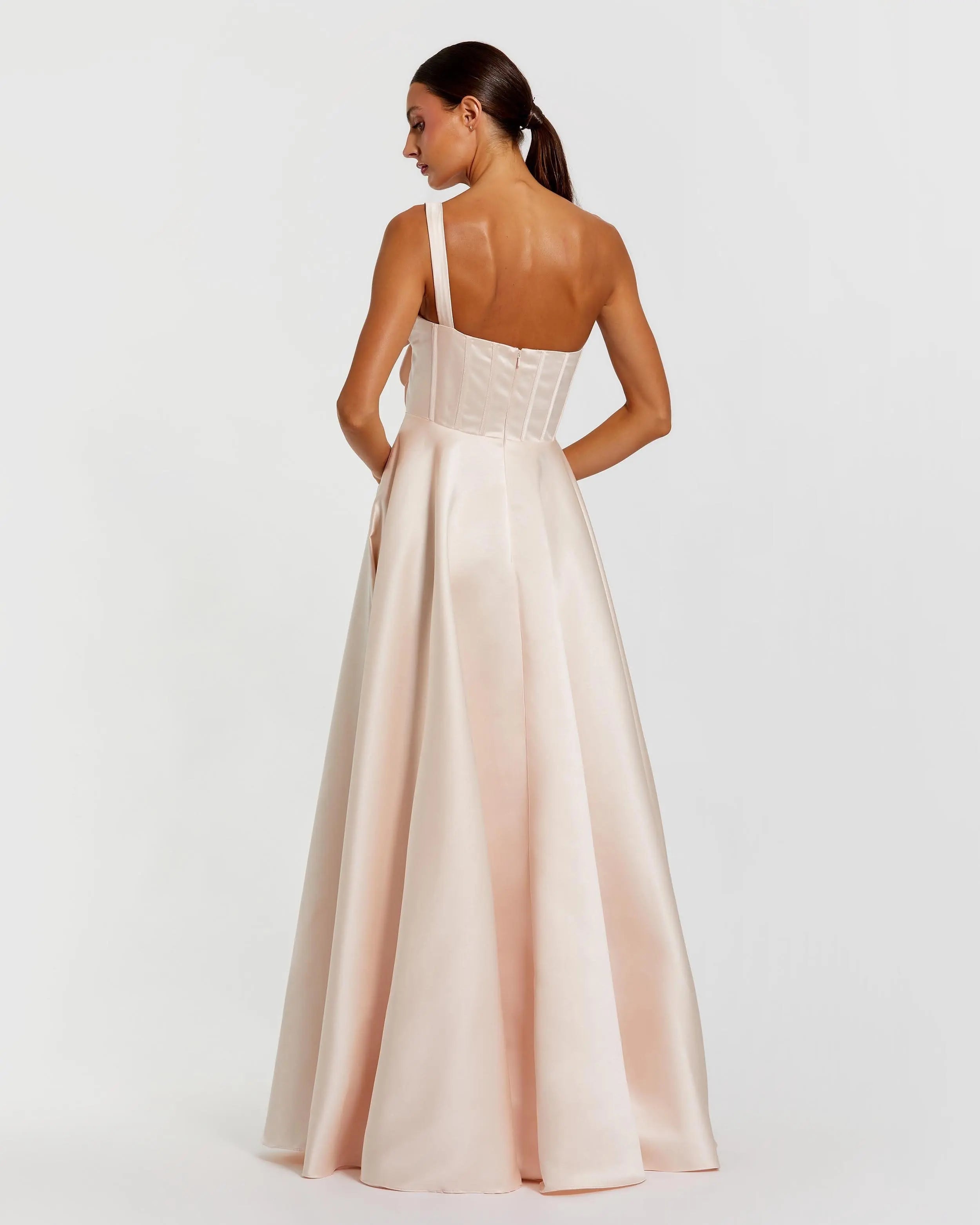 Light Pink Satin Bustier Ball Gown With 3D Flowers-Myartka