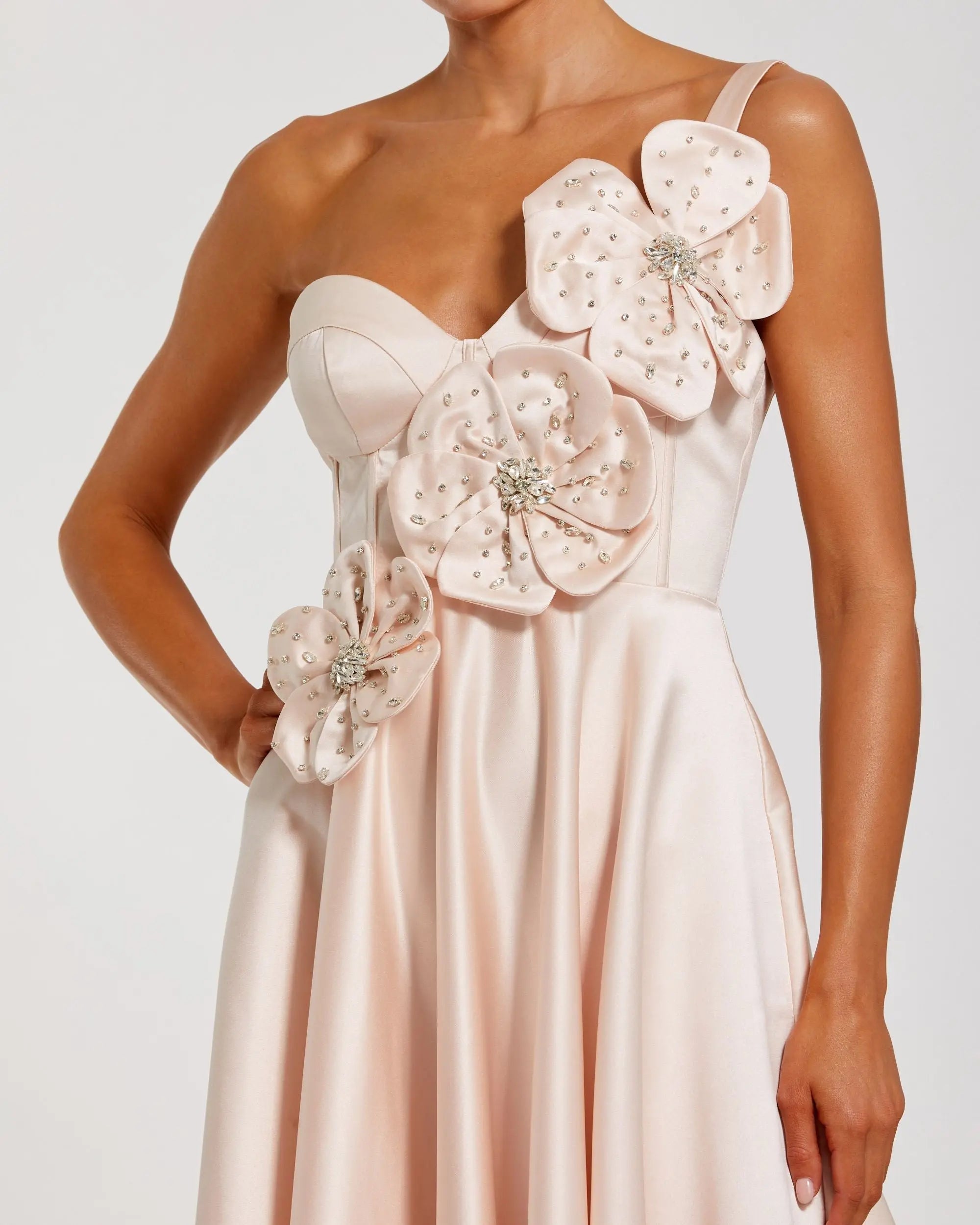 Light Pink Satin Bustier Ball Gown With 3D Flowers-Myartka